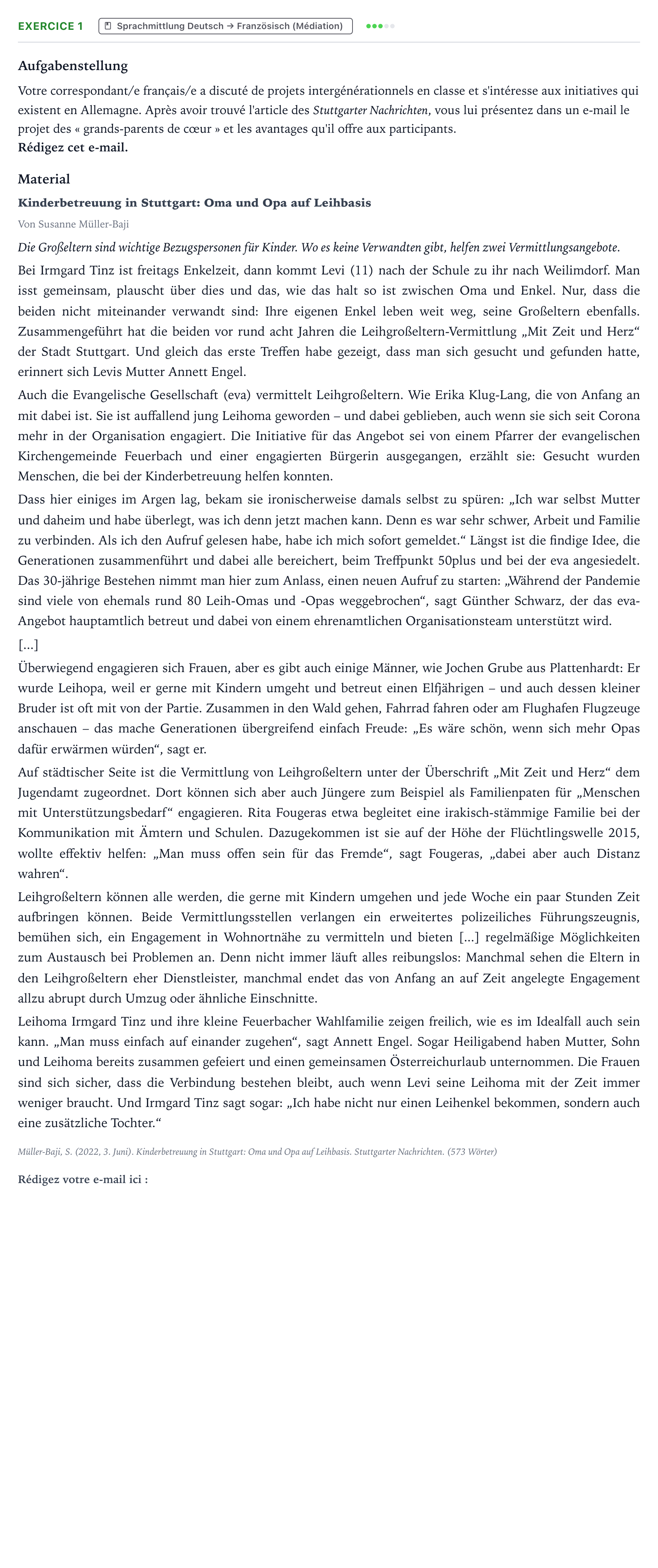 Aufgabenstellung: Aufgabe 1 · Abitur NRW Französisch GK · Müller-Baji, S.: Kinderbetreuung in 2026
