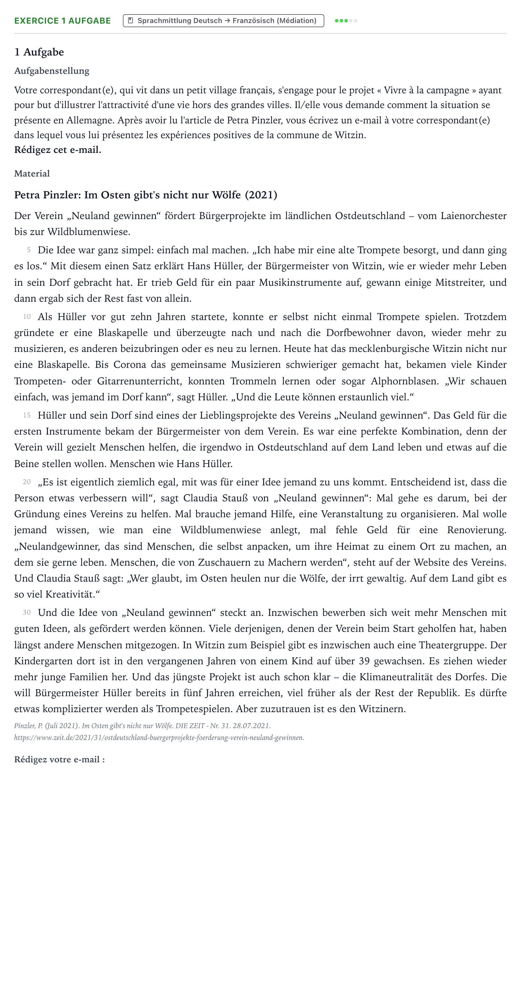 Aufgabenstellung: Aufgabe 1 Aufgabe · Abitur NRW Französisch GK · Pinzler: Im Osten gibt's nicht nur 2024