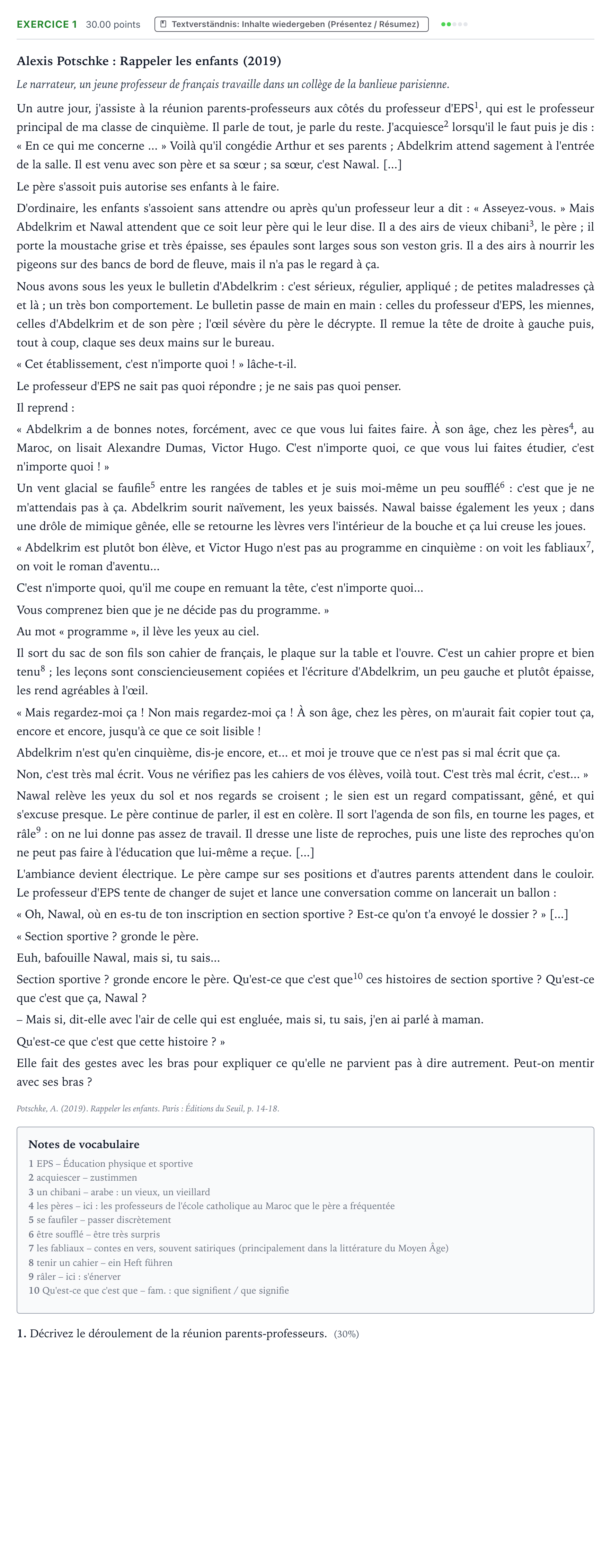 Aufgabenstellung: Aufgabe 1 · Abitur NRW Französisch GK · Potschke: Rappeler les enfants 2024