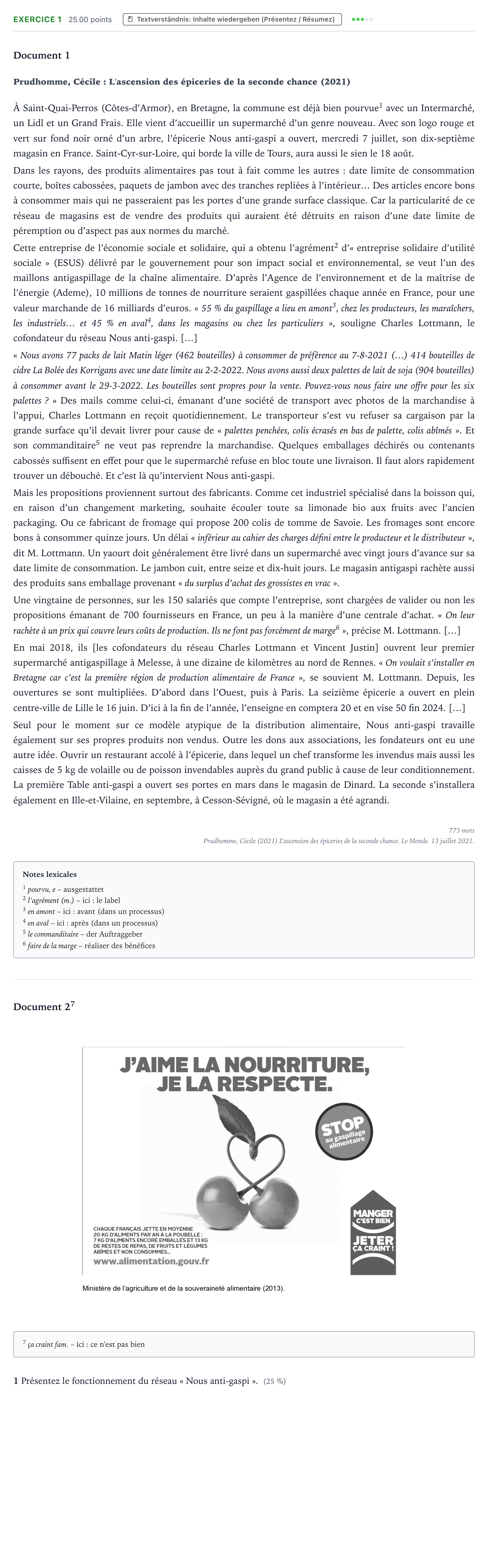 Aufgabenstellung: Aufgabe 1 · Abitur NRW Französisch LK · Prudhomme: L'ascension des épicerie 2024
