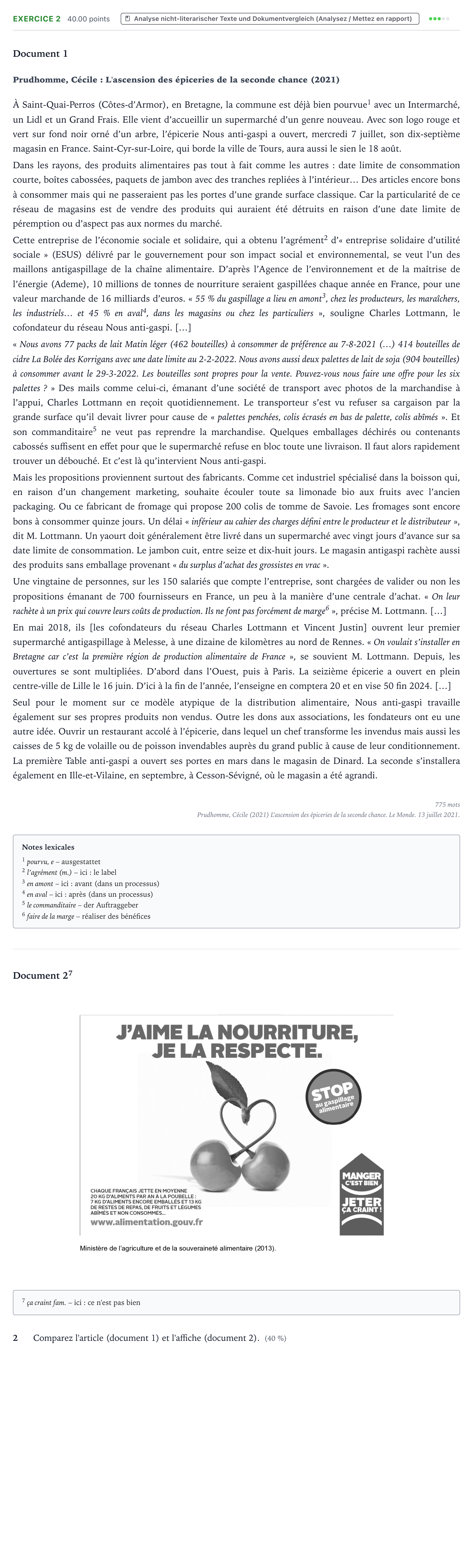 Aufgabenstellung: Aufgabe 2 · Abitur NRW Französisch LK · Prudhomme: L'ascension des épicerie 2024