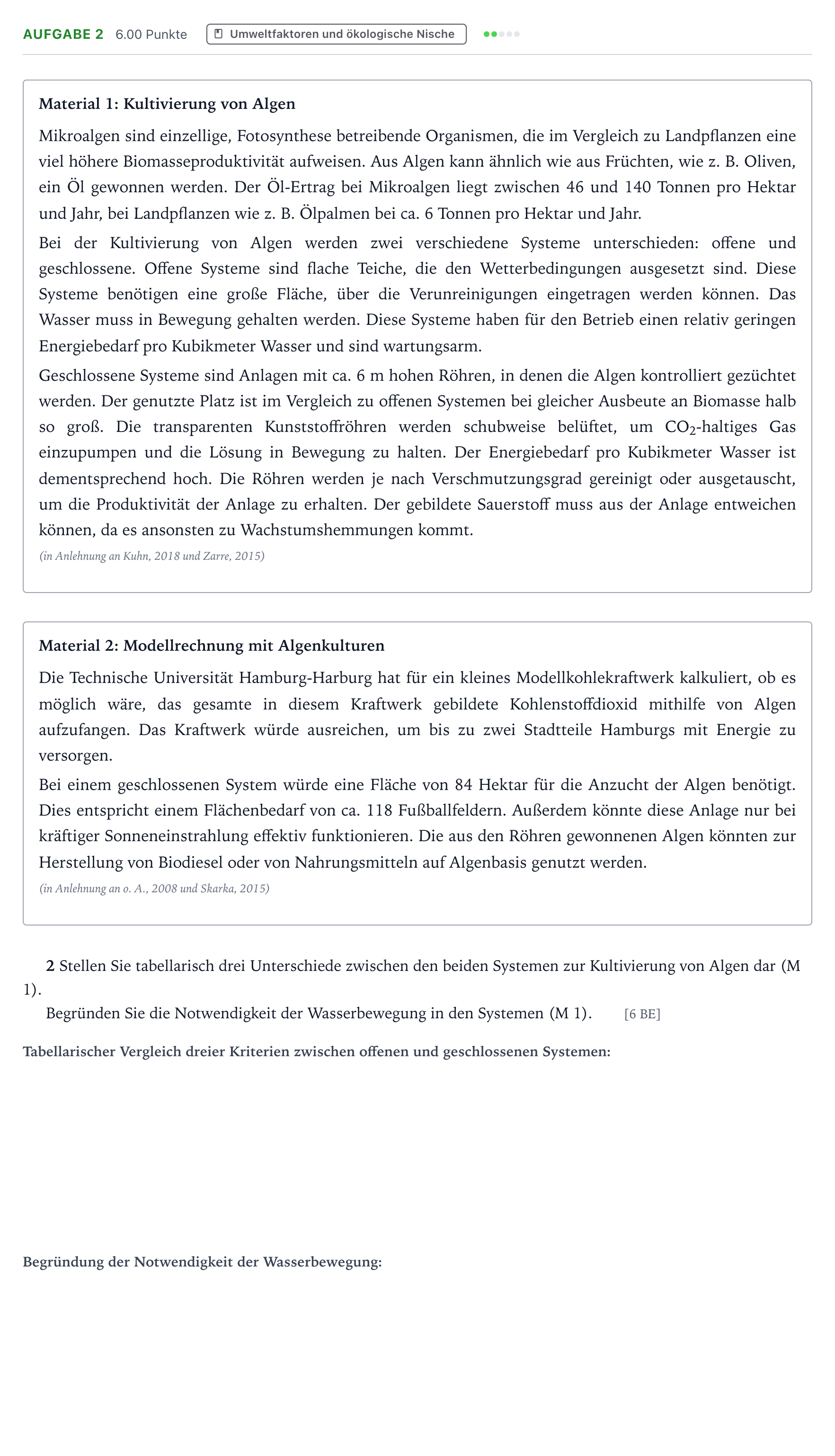 Aufgabenstellung: Aufgabe 2 · Abitur NRW Biologie GK · Algenkultur 2025