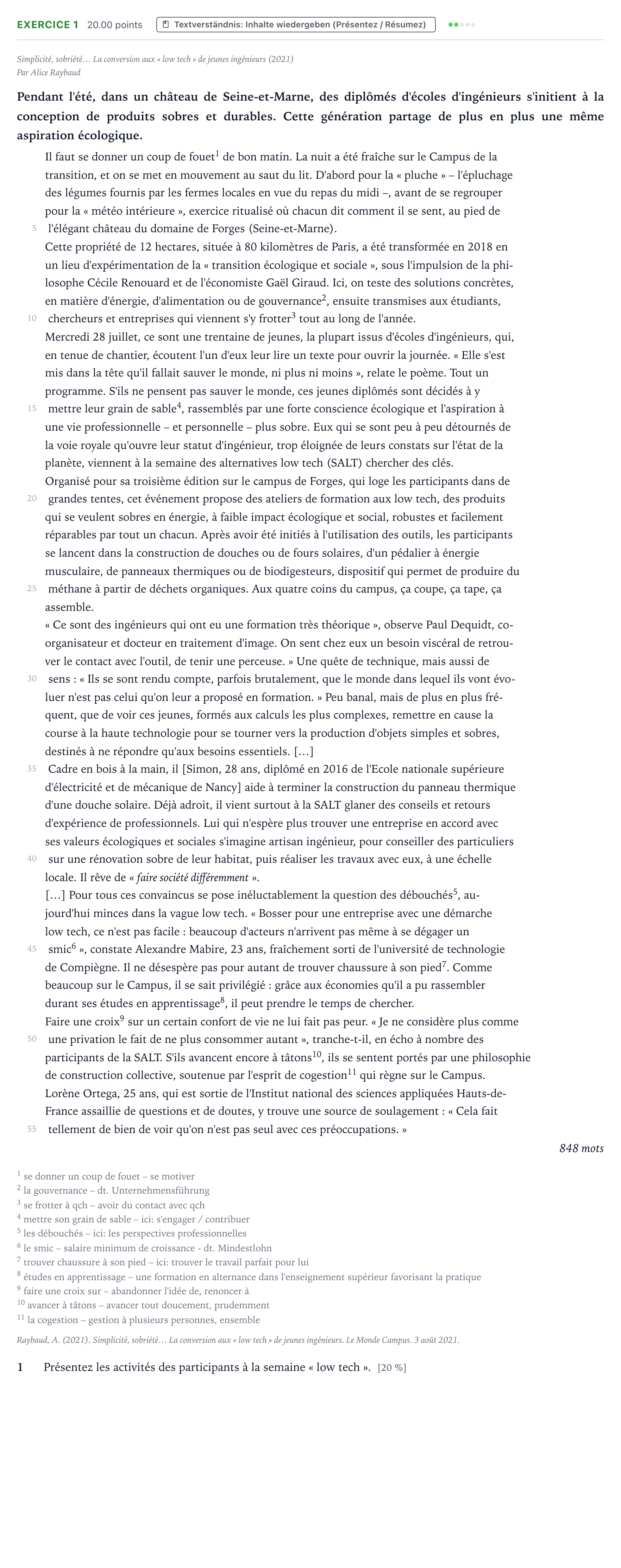 Aufgabenstellung: Aufgabe 1 · Abitur NRW Französisch LK · Raybaud, A.: Simplicité, sobriété … 2025