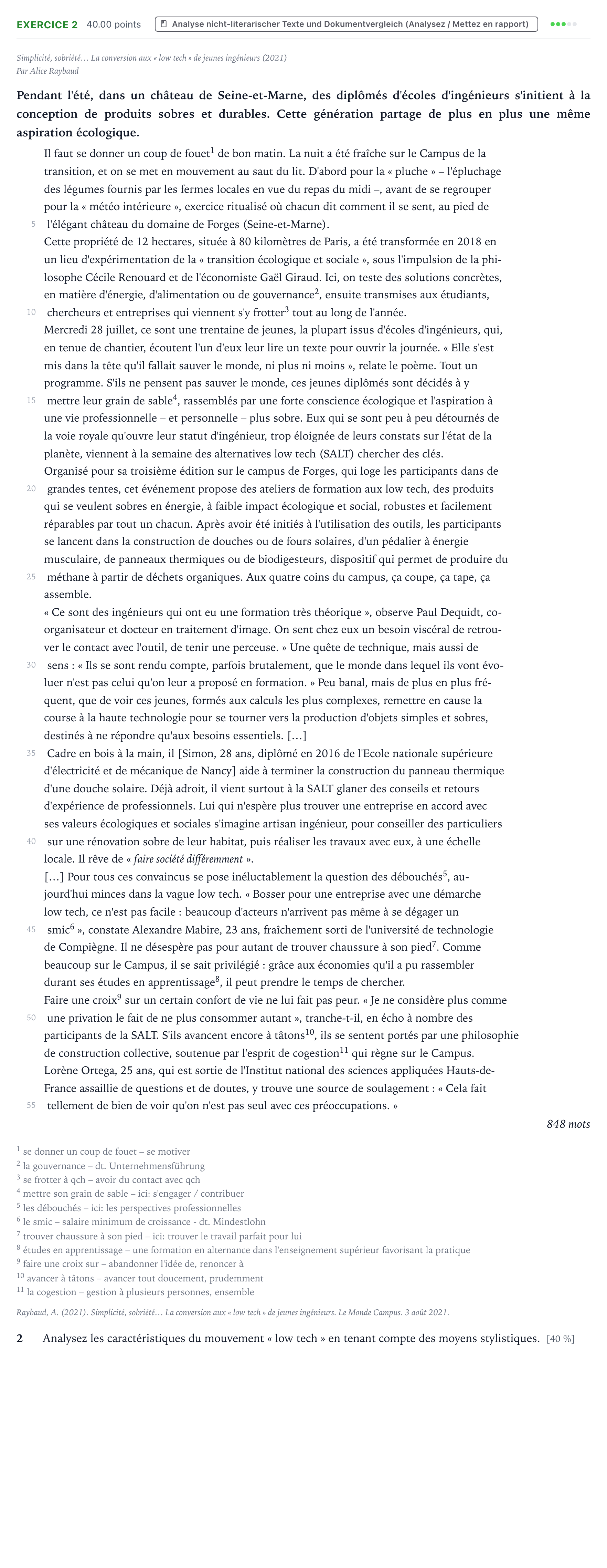 Aufgabenstellung: Aufgabe 2 · Abitur NRW Französisch LK · Raybaud, A.: Simplicité, sobriété … 2025