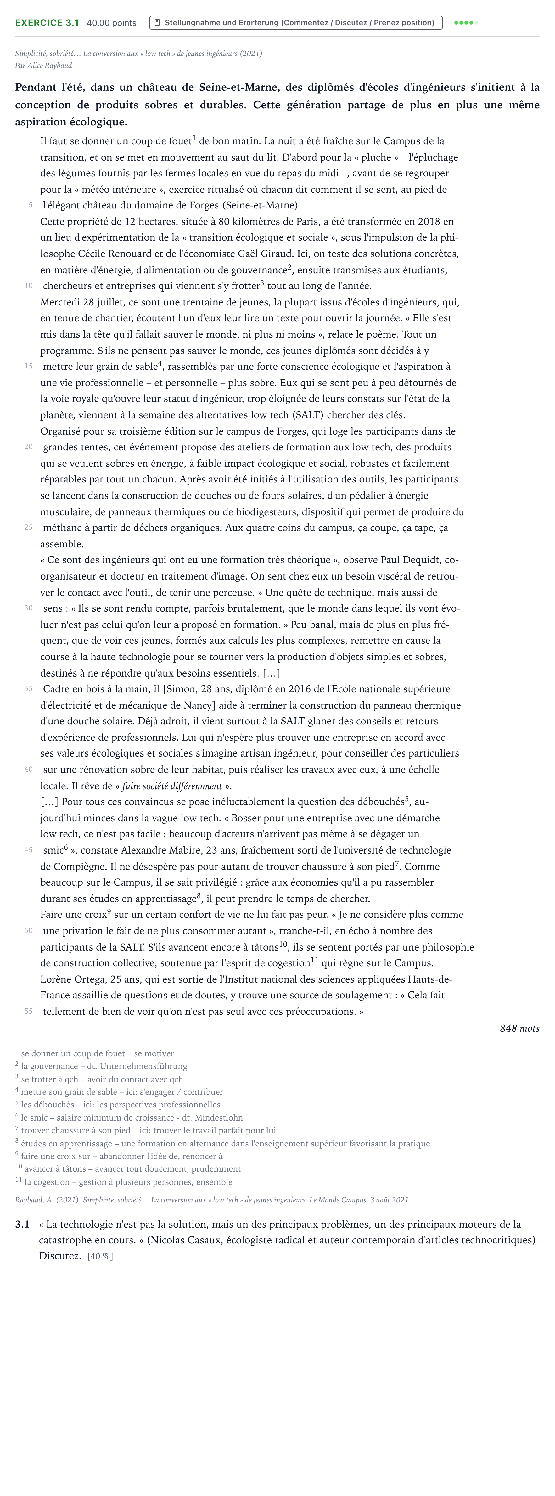 Aufgabenstellung: Aufgabe 3.1 · Abitur NRW Französisch LK · Raybaud, A.: Simplicité, sobriété … 2025