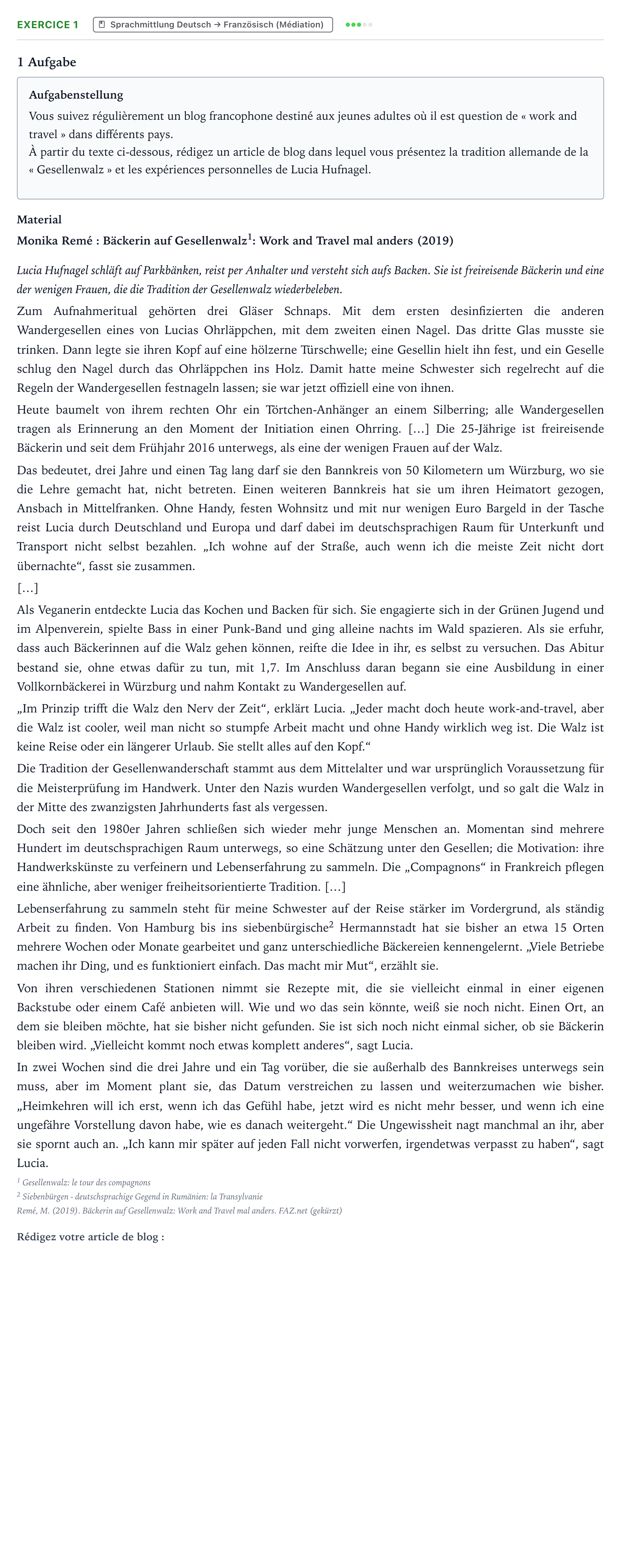 Aufgabenstellung: Aufgabe 1 · Abitur NRW Französisch GK · Remé: Bäckerin auf Gesellenwalz 2024