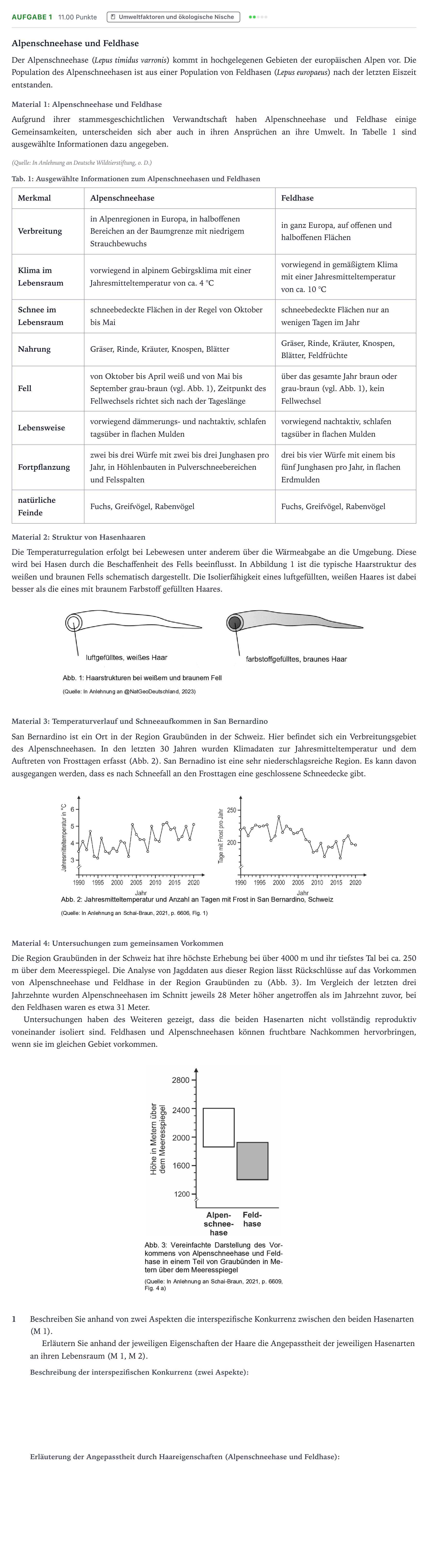 Aufgabenstellung: Aufgabe 1 - Umweltfaktoren und ökologische Nische · Abitur NRW Biologie GK · Alpenschneehase 2026
