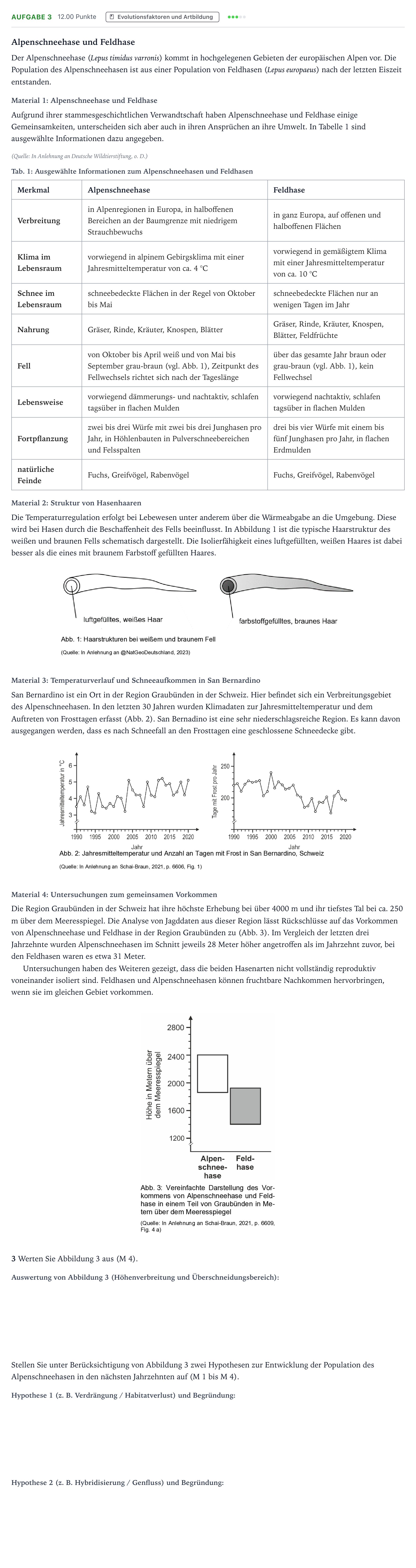 Aufgabenstellung: Aufgabe 3 - Evolutionsfaktoren und Artbildung · Abitur NRW Biologie GK · Alpenschneehase 2026