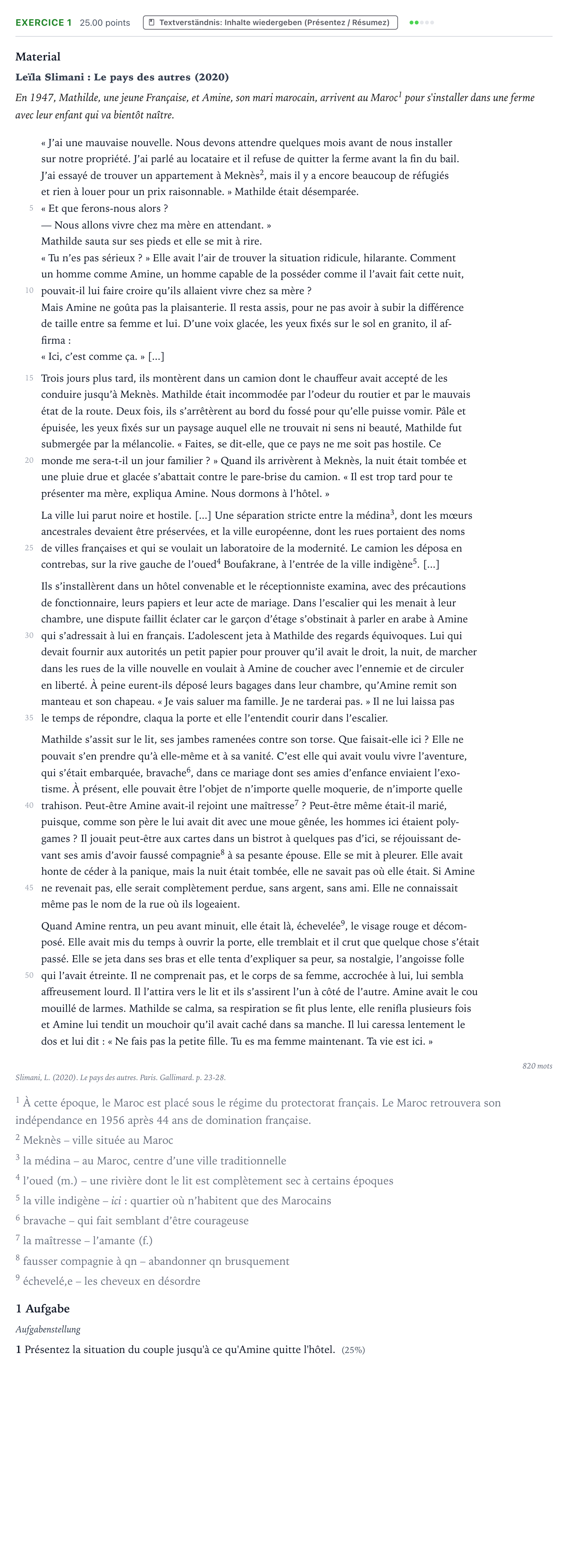 Aufgabenstellung: Aufgabe 1 · Abitur NRW Französisch LK · Slimani, L.: Le pays des autres 2026