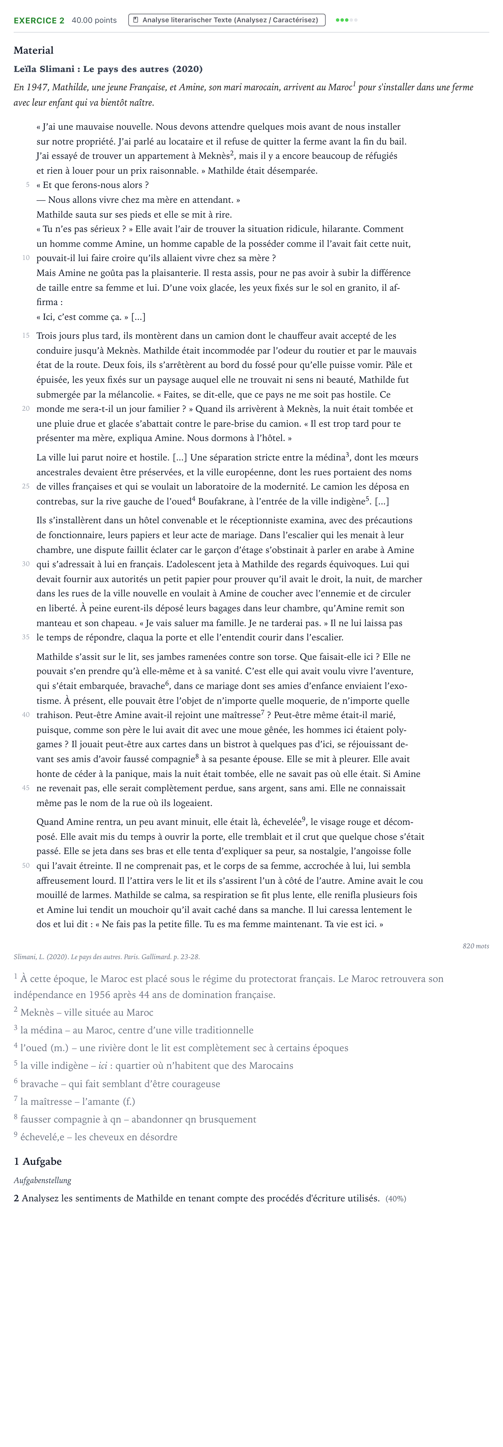 Aufgabenstellung: Aufgabe 2 · Abitur NRW Französisch LK · Slimani, L.: Le pays des autres 2026