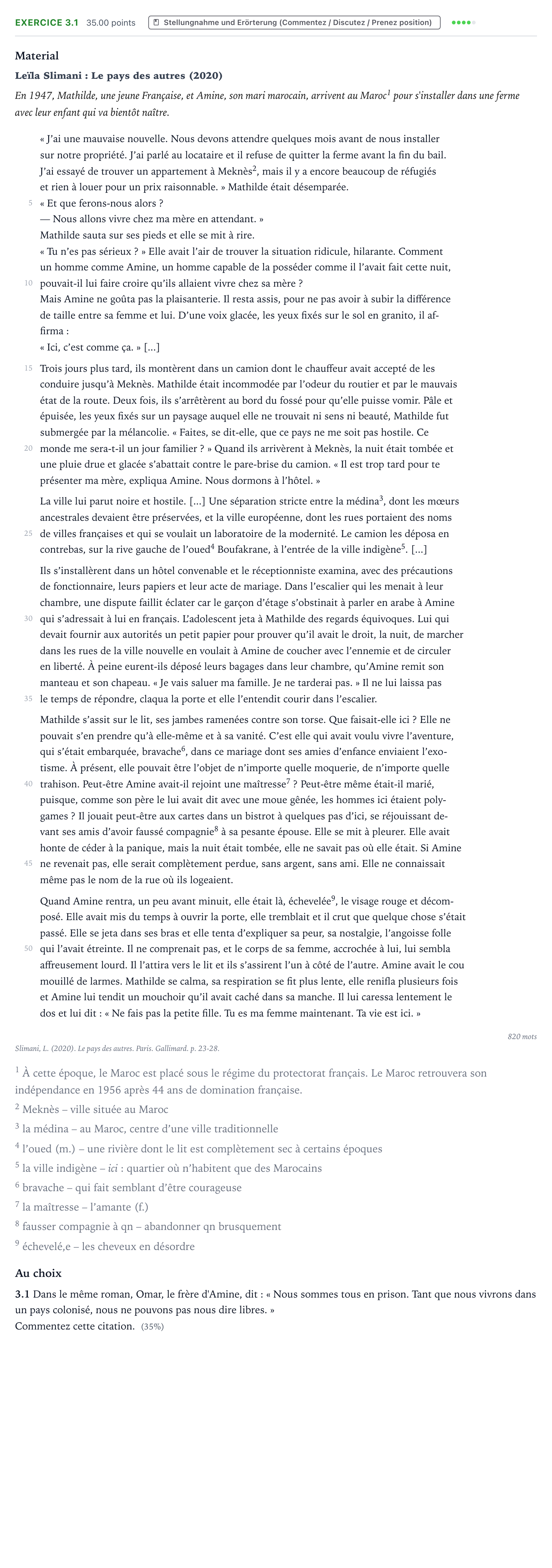 Aufgabenstellung: Aufgabe 3.1 · Abitur NRW Französisch LK · Slimani, L.: Le pays des autres 2026