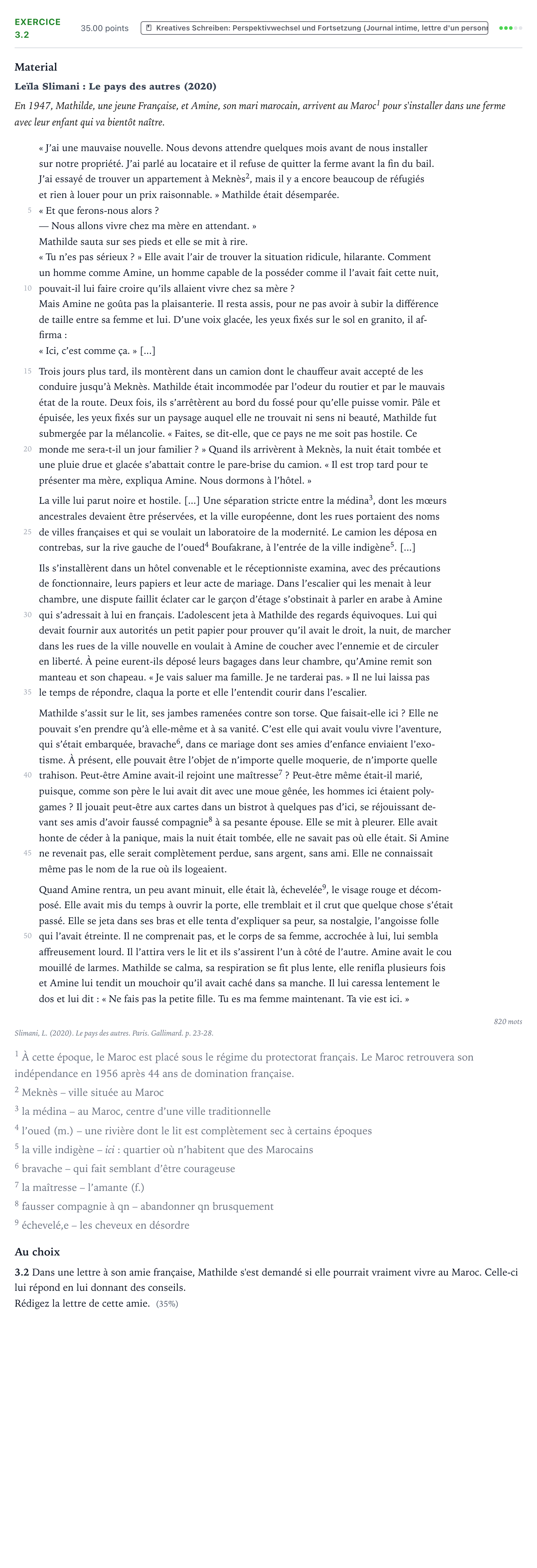 Aufgabenstellung: Aufgabe 3.2 · Abitur NRW Französisch LK · Slimani, L.: Le pays des autres 2026