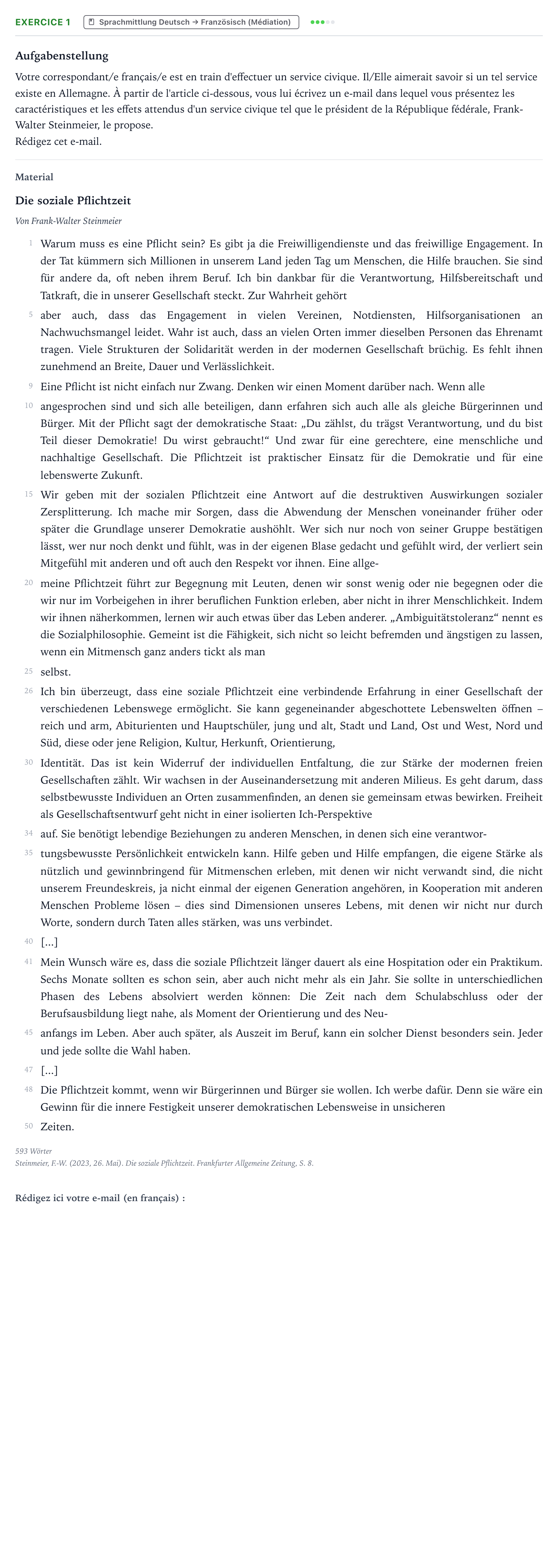 Aufgabenstellung: Aufgabe 1 · Abitur NRW Französisch LK · Steinmeier, F.-W.: Ein Dienst zur S 2026