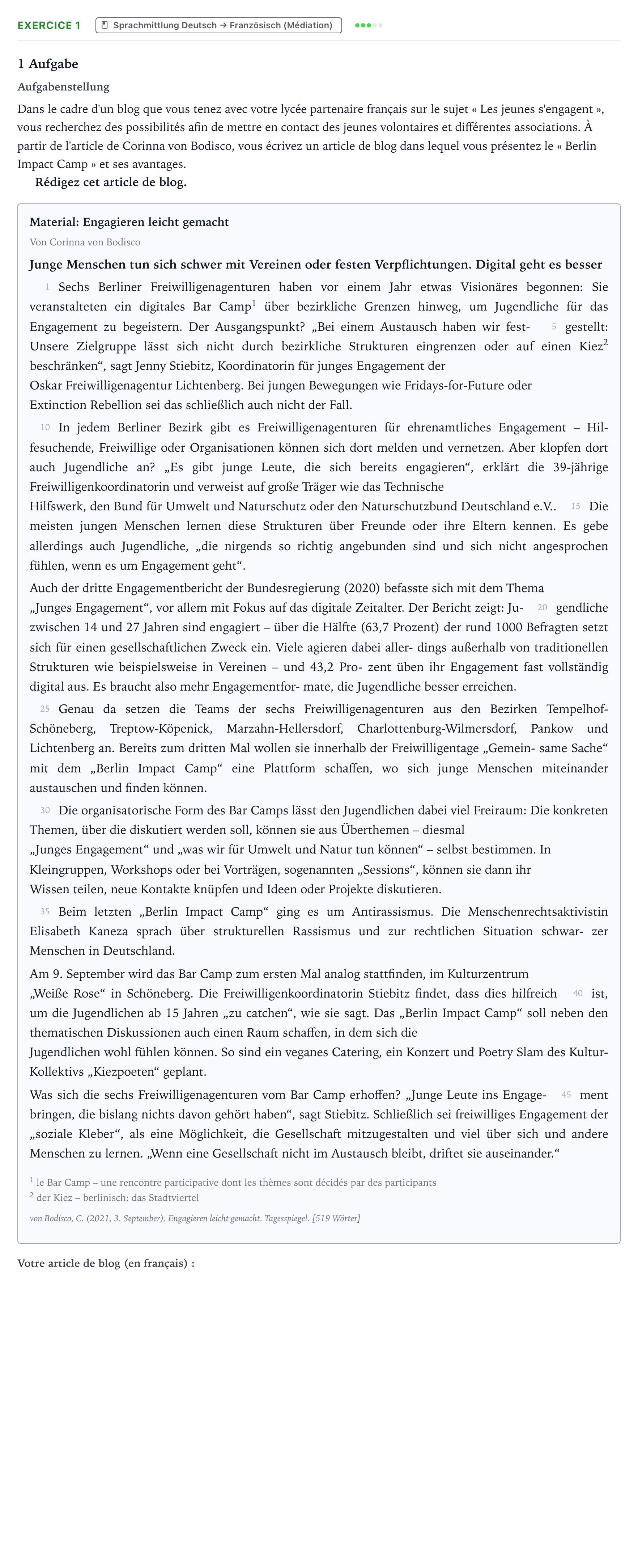 Aufgabenstellung: Aufgabe 1 · Abitur NRW Französisch GK · von Bodisco, C.: Engagieren leicht 2026