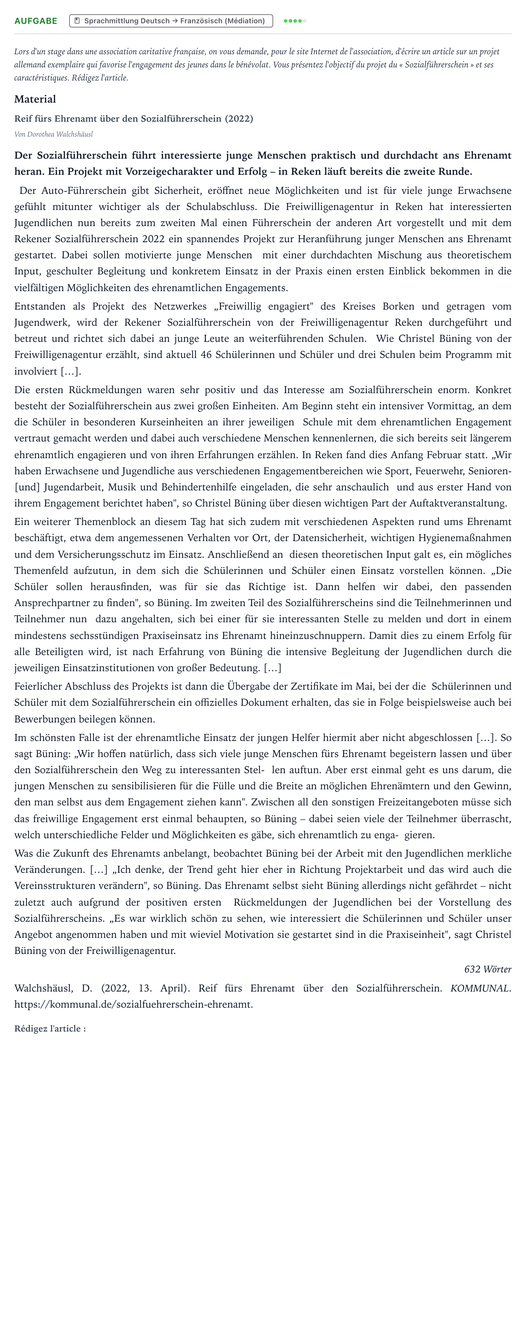 Aufgabenstellung: Aufgabe · Abitur NRW Französisch LK · Walchshäusl, D.: Reif fürs Ehrenamt 2025