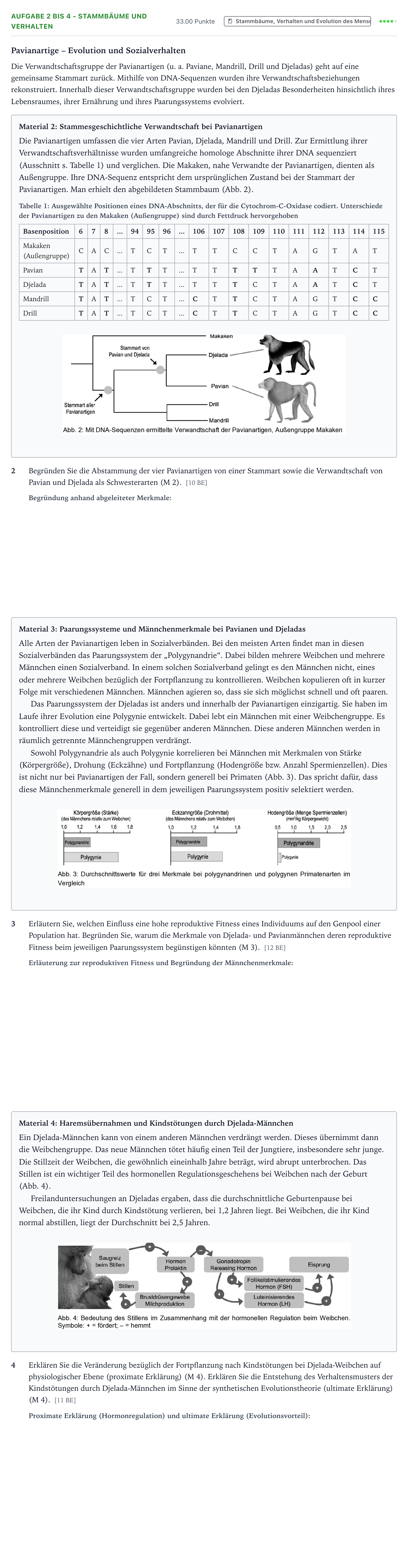 Aufgabenstellung: Aufgabe 2 bis 4 - Stammbäume und Verhalten · Abitur NRW Biologie LK · Dscheladas 2026