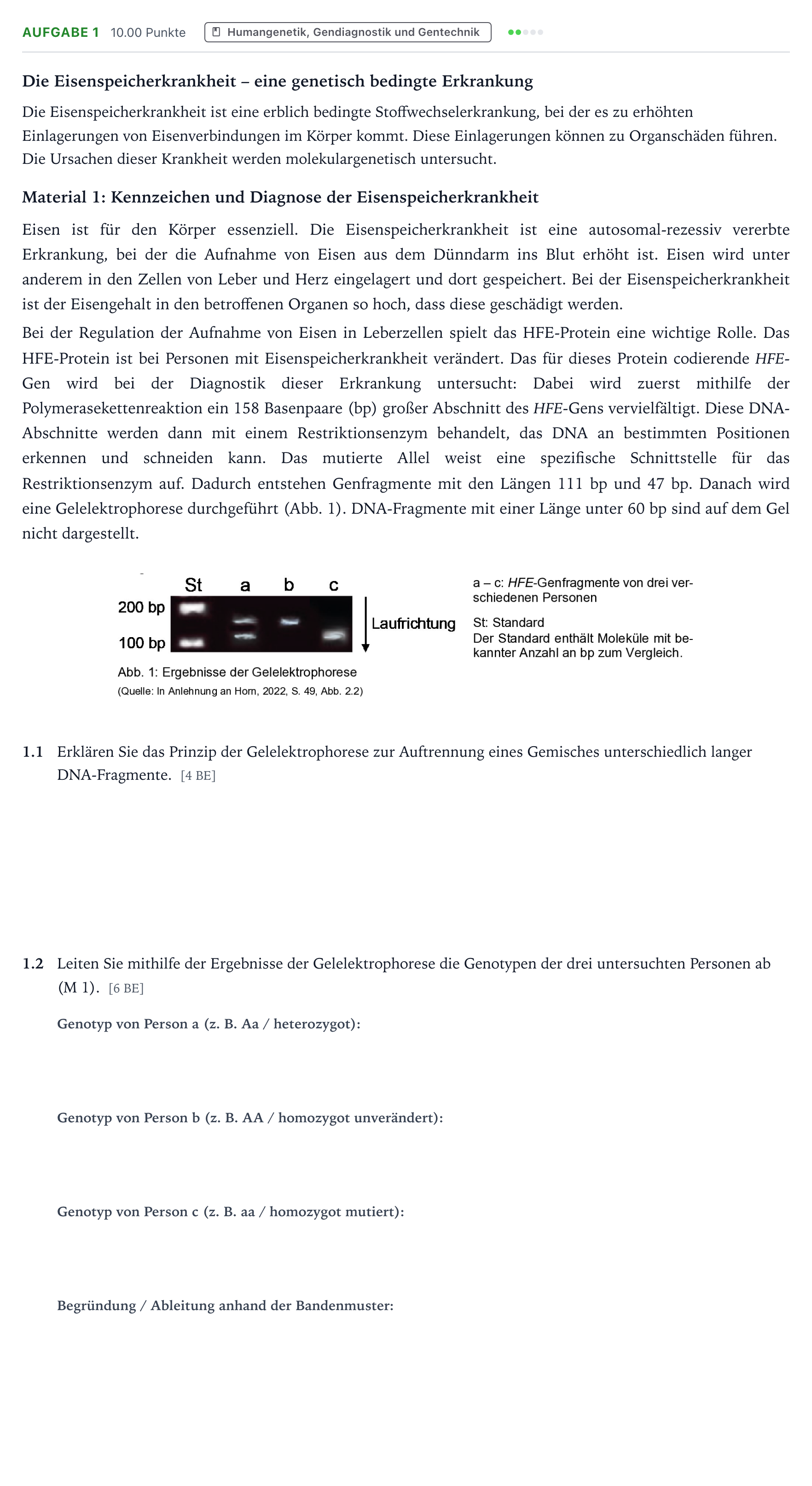 Aufgabenstellung: Aufgabe 1 · Abitur NRW Biologie LK · Eisenspeicherkrankheit-EN 2026