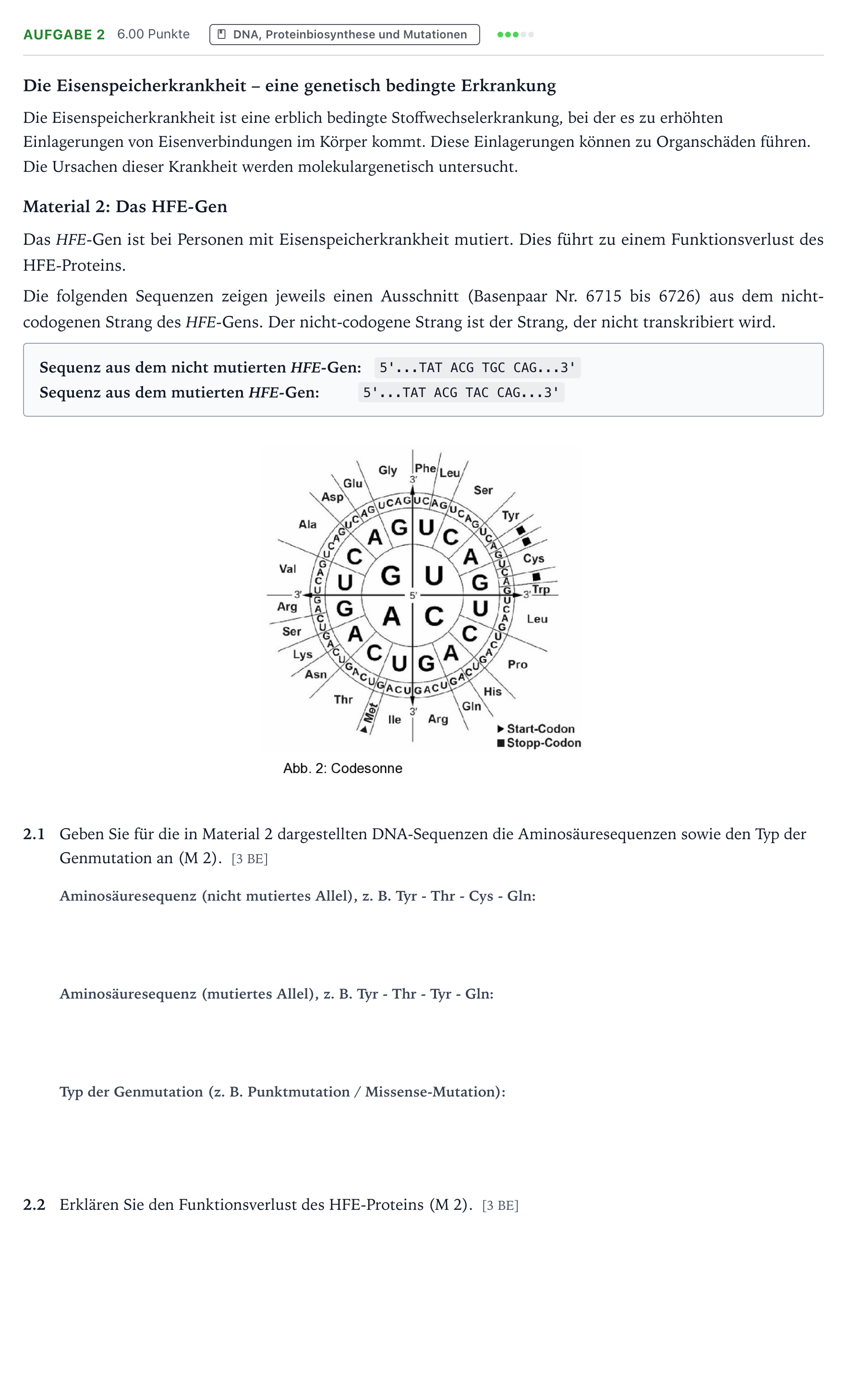 Aufgabenstellung: Aufgabe 2 · Abitur NRW Biologie LK · Eisenspeicherkrankheit-EN 2026