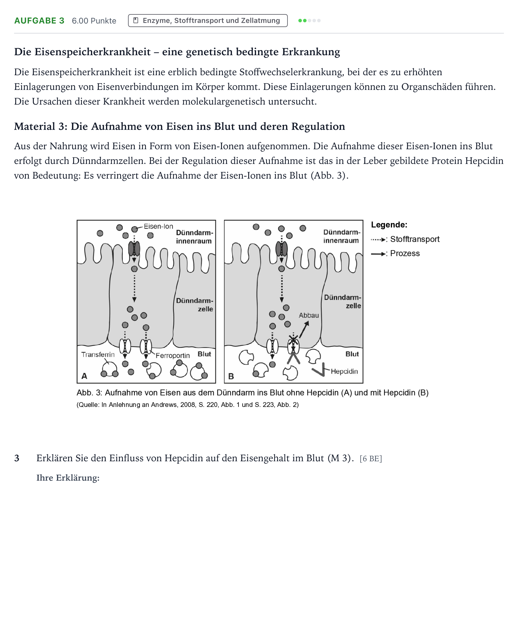 Aufgabenstellung: Aufgabe 3 · Abitur NRW Biologie LK · Eisenspeicherkrankheit-EN 2026