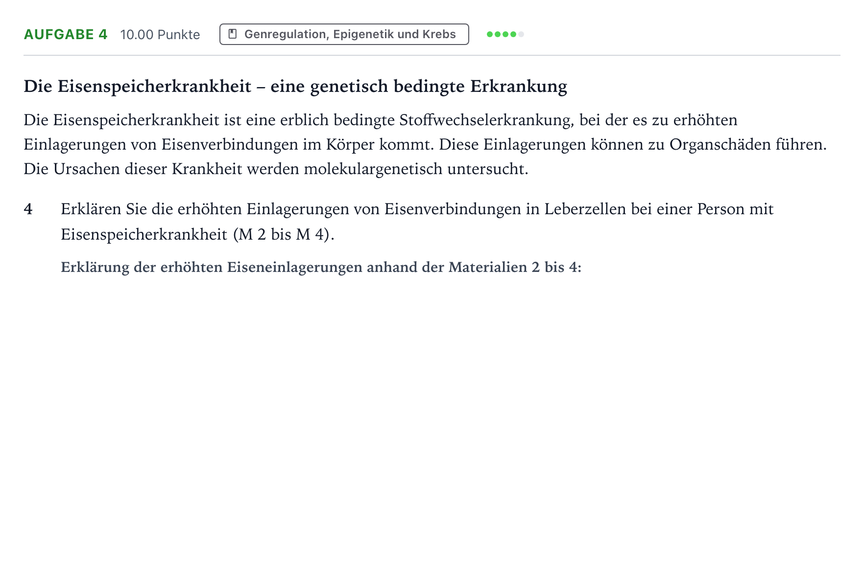 Aufgabenstellung: Aufgabe 4 · Abitur NRW Biologie LK · Eisenspeicherkrankheit-EN 2026