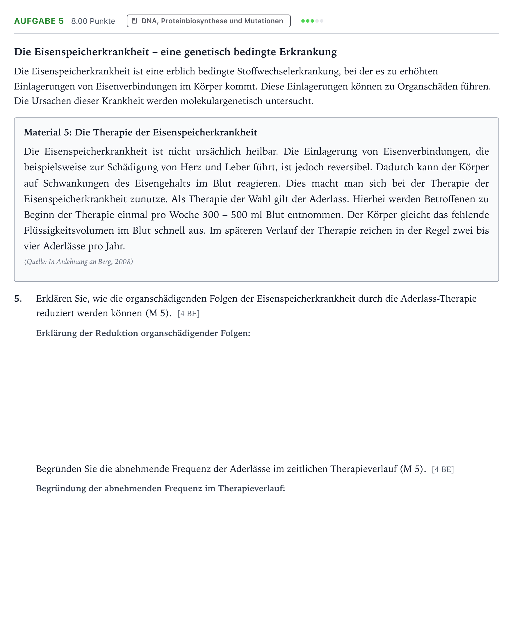 Aufgabenstellung: Aufgabe 5 · Abitur NRW Biologie LK · Eisenspeicherkrankheit-EN 2026