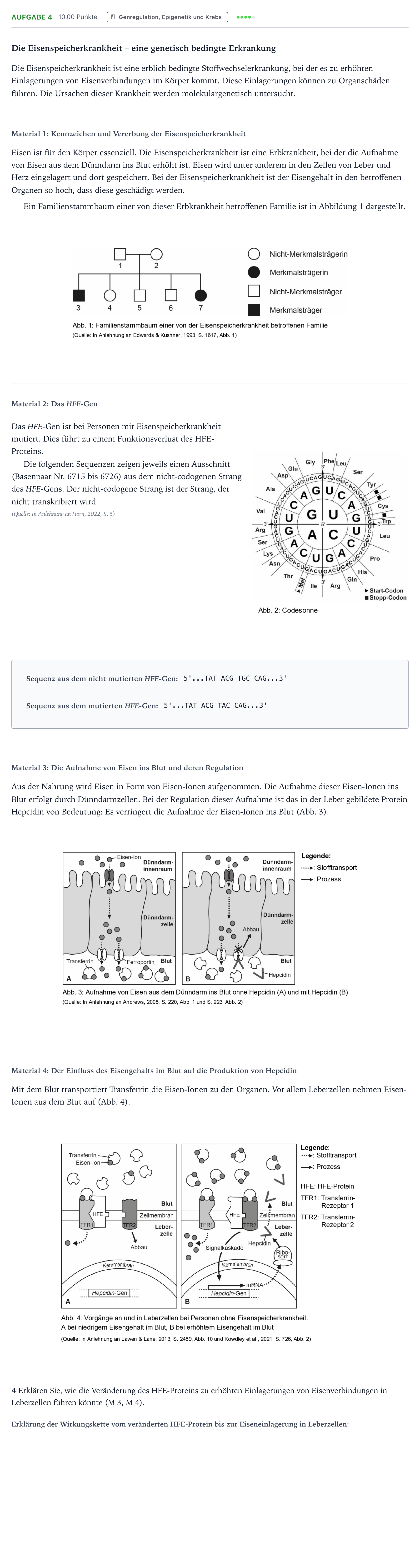 Aufgabenstellung: Aufgabe 4 - Genregulation · Abitur NRW Biologie GK · Eisenspeicherkrankheit-GN 2026