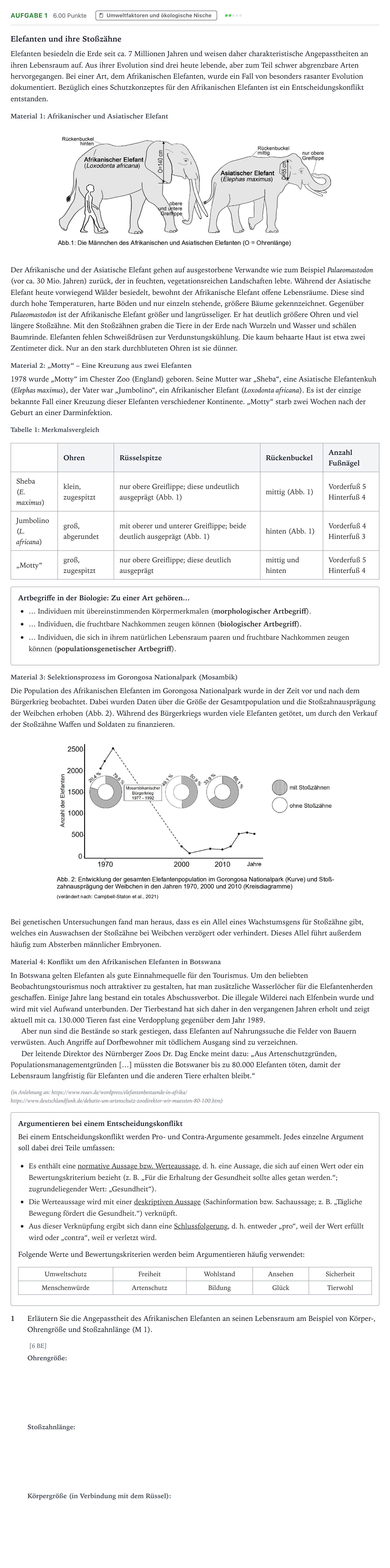 Aufgabenstellung: Aufgabe 1 - Umweltfaktoren und ökologische Nische · Abitur NRW Biologie LK · Elefanten-EN 2025