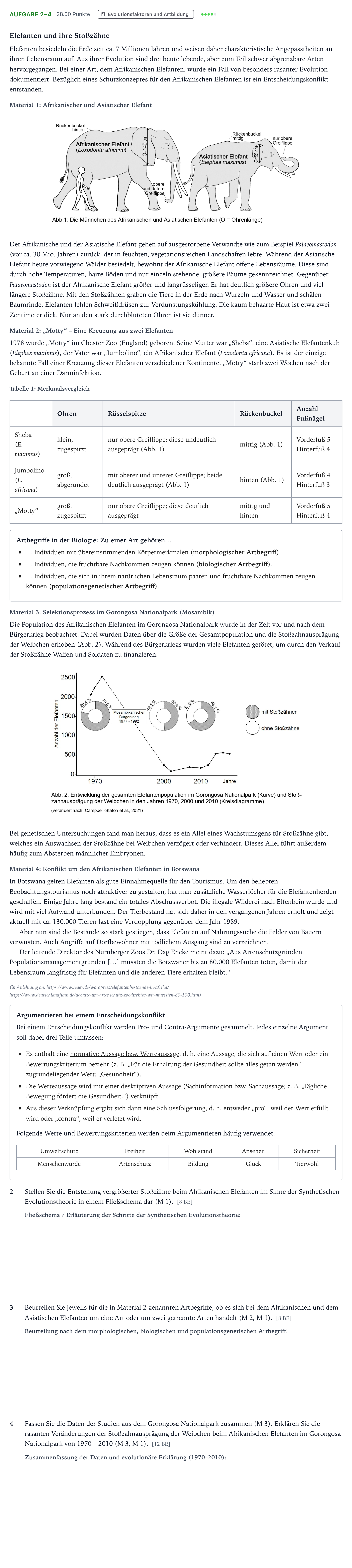 Aufgabenstellung: Aufgabe 2–4 - Evolutionsfaktoren und Artbildung · Abitur NRW Biologie LK · Elefanten-EN 2025