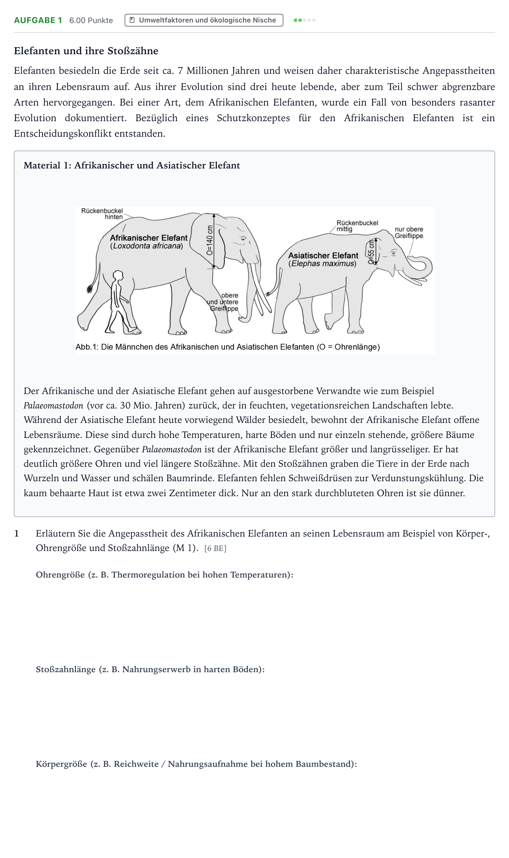 Aufgabenstellung: Aufgabe 1 - Umweltfaktoren und ökologische Nische · Abitur NRW Biologie GK · Elefanten-GN 2025