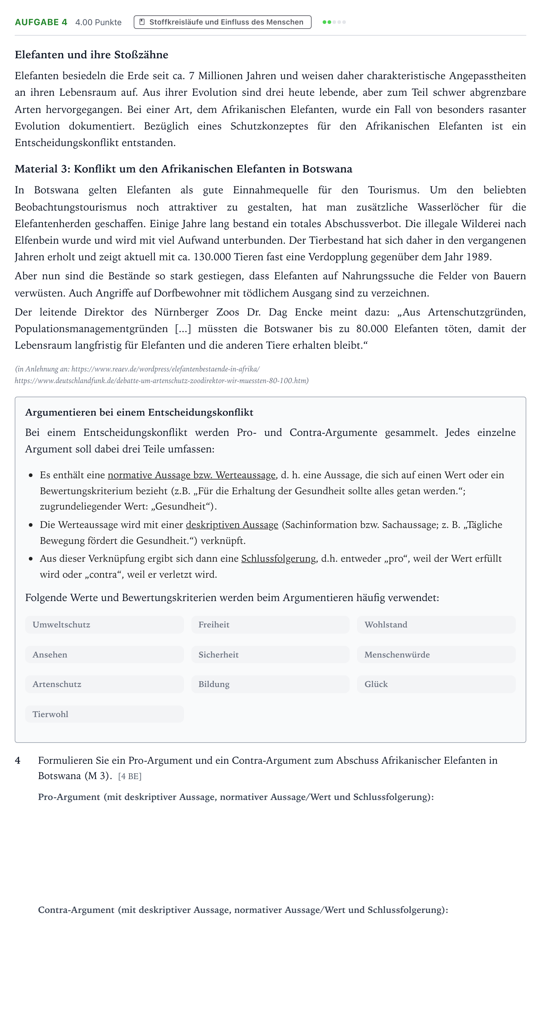 Aufgabenstellung: Aufgabe 4 - Stoffkreisläufe und Einfluss des Menschen · Abitur NRW Biologie GK · Elefanten-GN 2025
