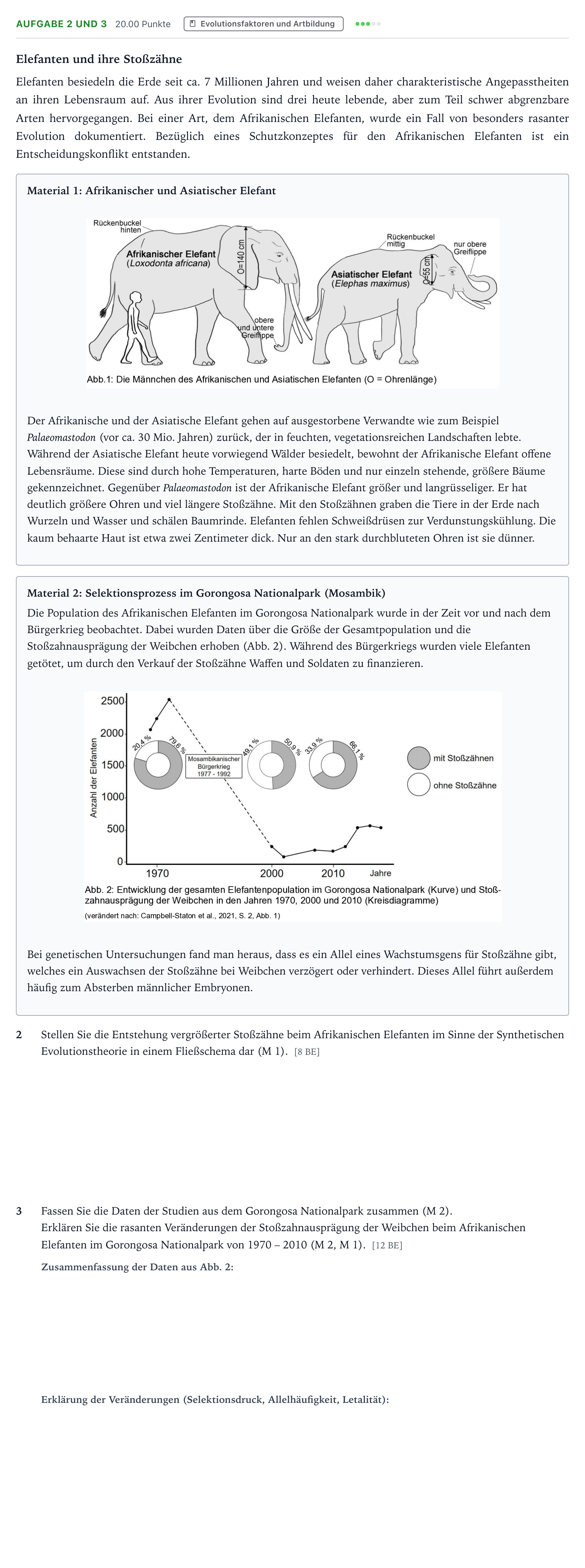 Aufgabenstellung: Aufgabe 2 und 3 - Evolutionsfaktoren und Artbildung · Abitur NRW Biologie GK · Elefanten-GN 2025