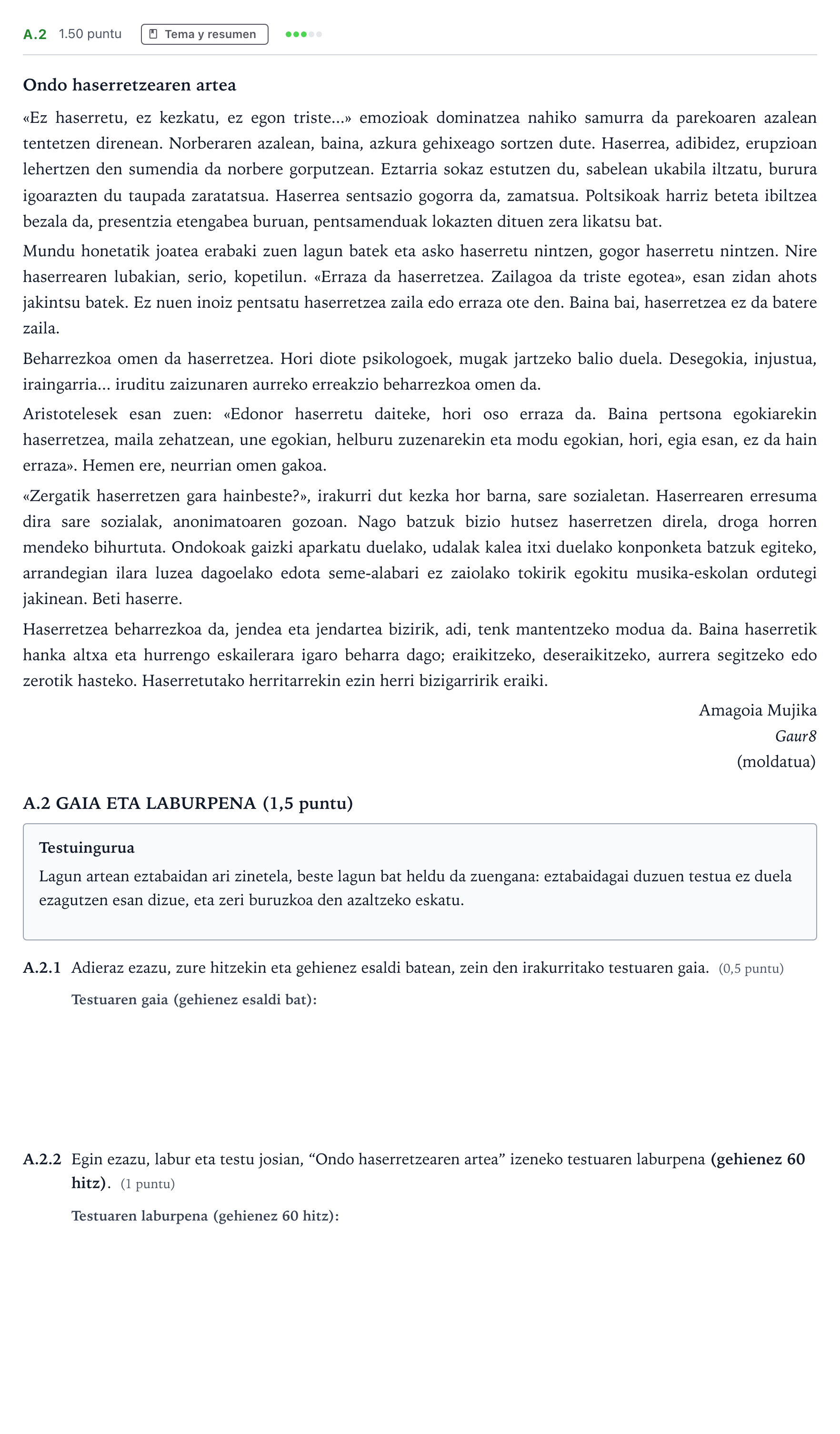Enunciado: Ejercicio A.2 · Lengua Vasca y Literatura II PAU País Vasco Ordinaria 2025