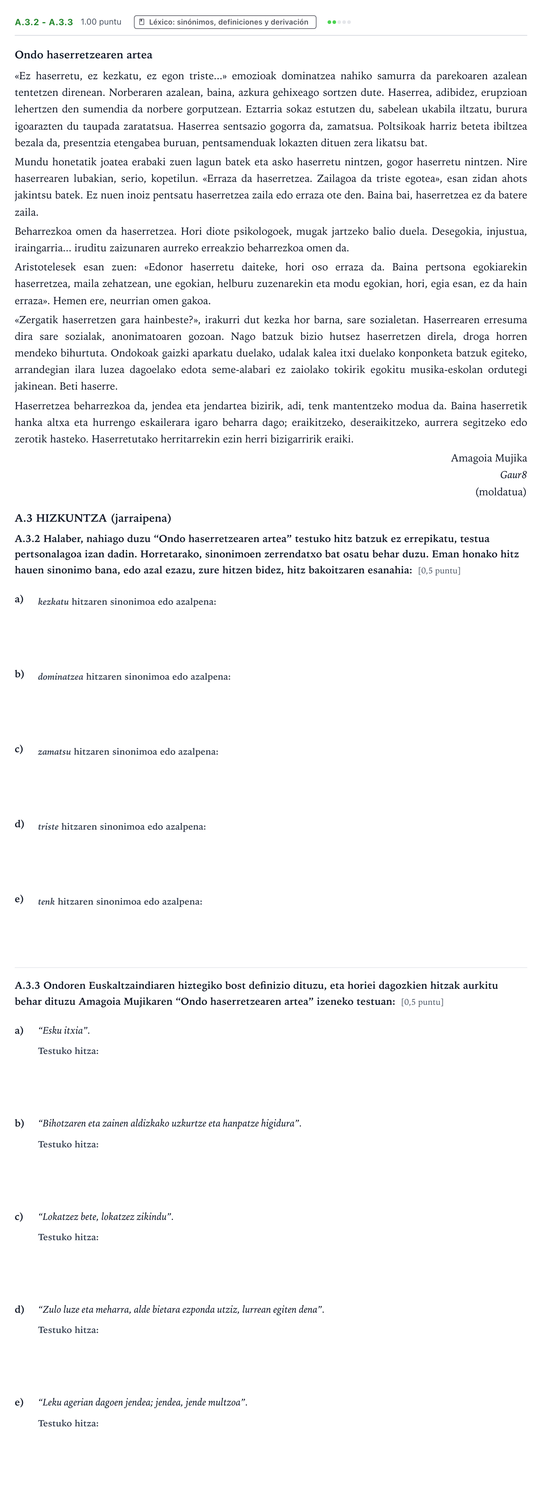 Enunciado: Ejercicio A.3.2 - A.3.3 · Lengua Vasca y Literatura II PAU País Vasco Ordinaria 2025