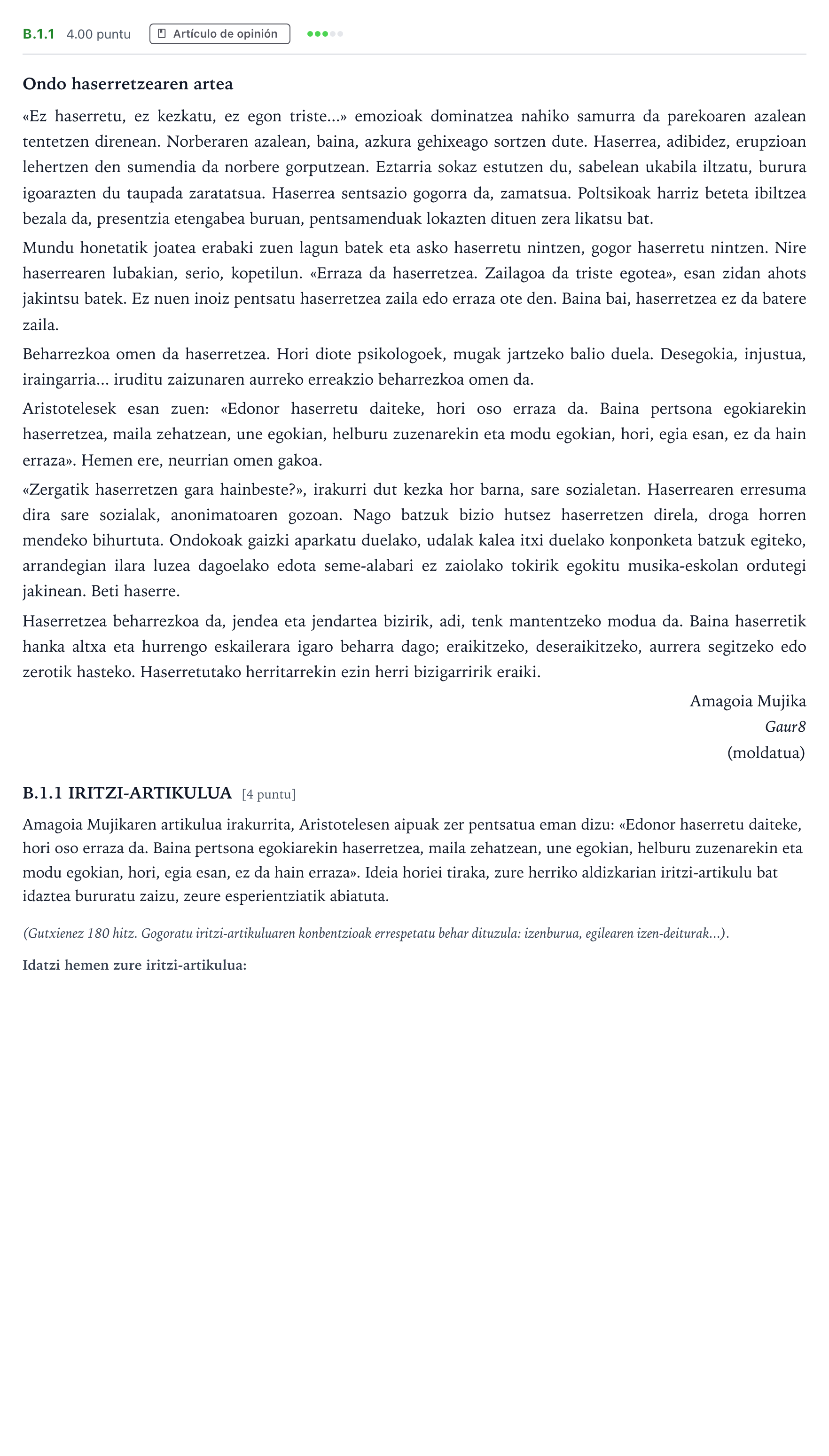 Enunciado: Ejercicio B.1.1 · Lengua Vasca y Literatura II PAU País Vasco Ordinaria 2025