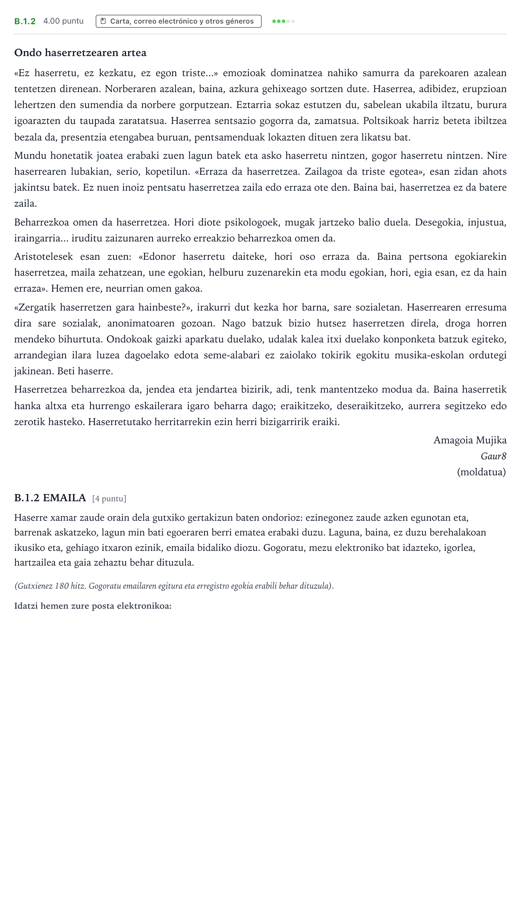 Enunciado: Ejercicio B.1.2 · Lengua Vasca y Literatura II PAU País Vasco Ordinaria 2025
