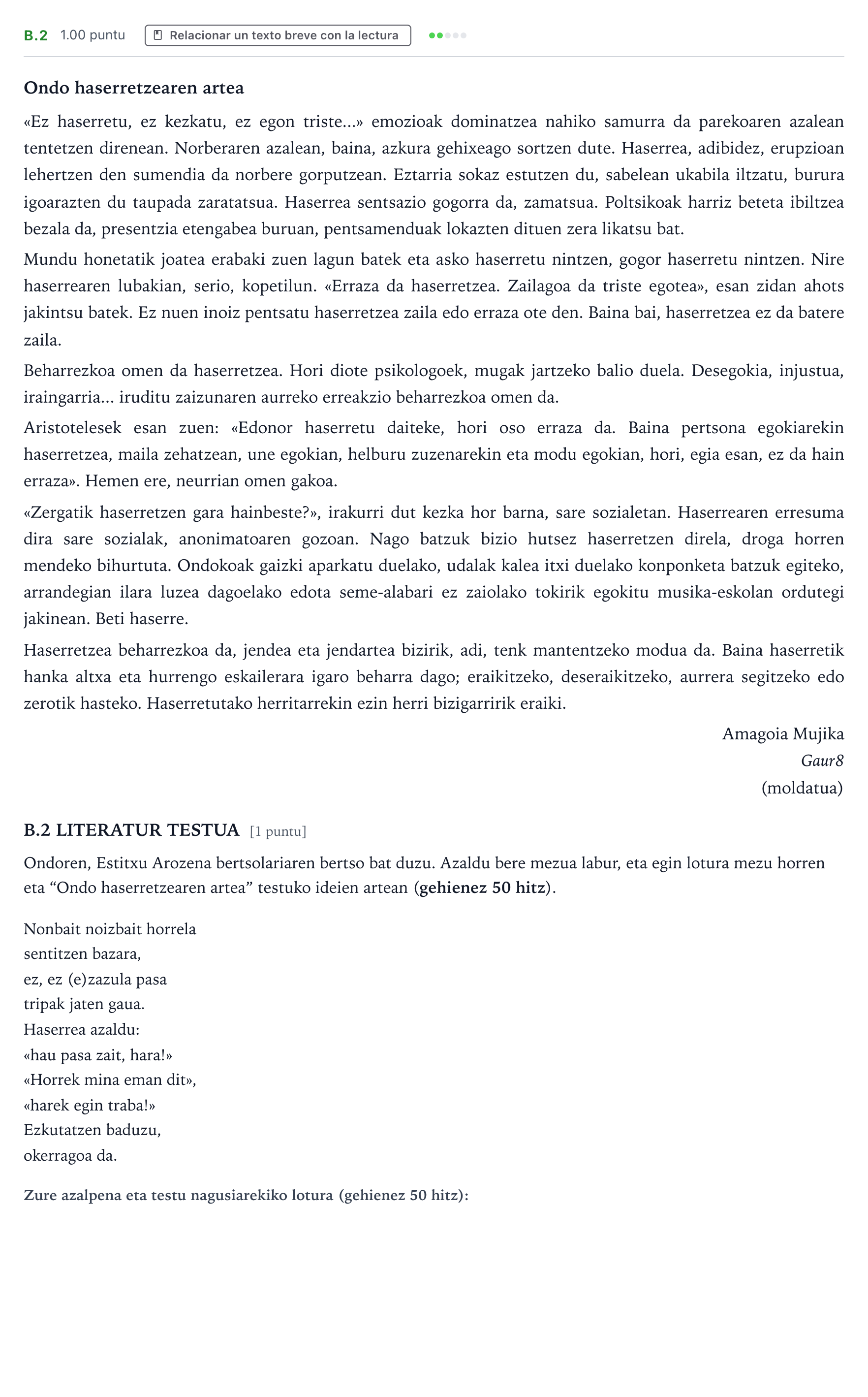 Enunciado: Ejercicio B.2 · Lengua Vasca y Literatura II PAU País Vasco Ordinaria 2025