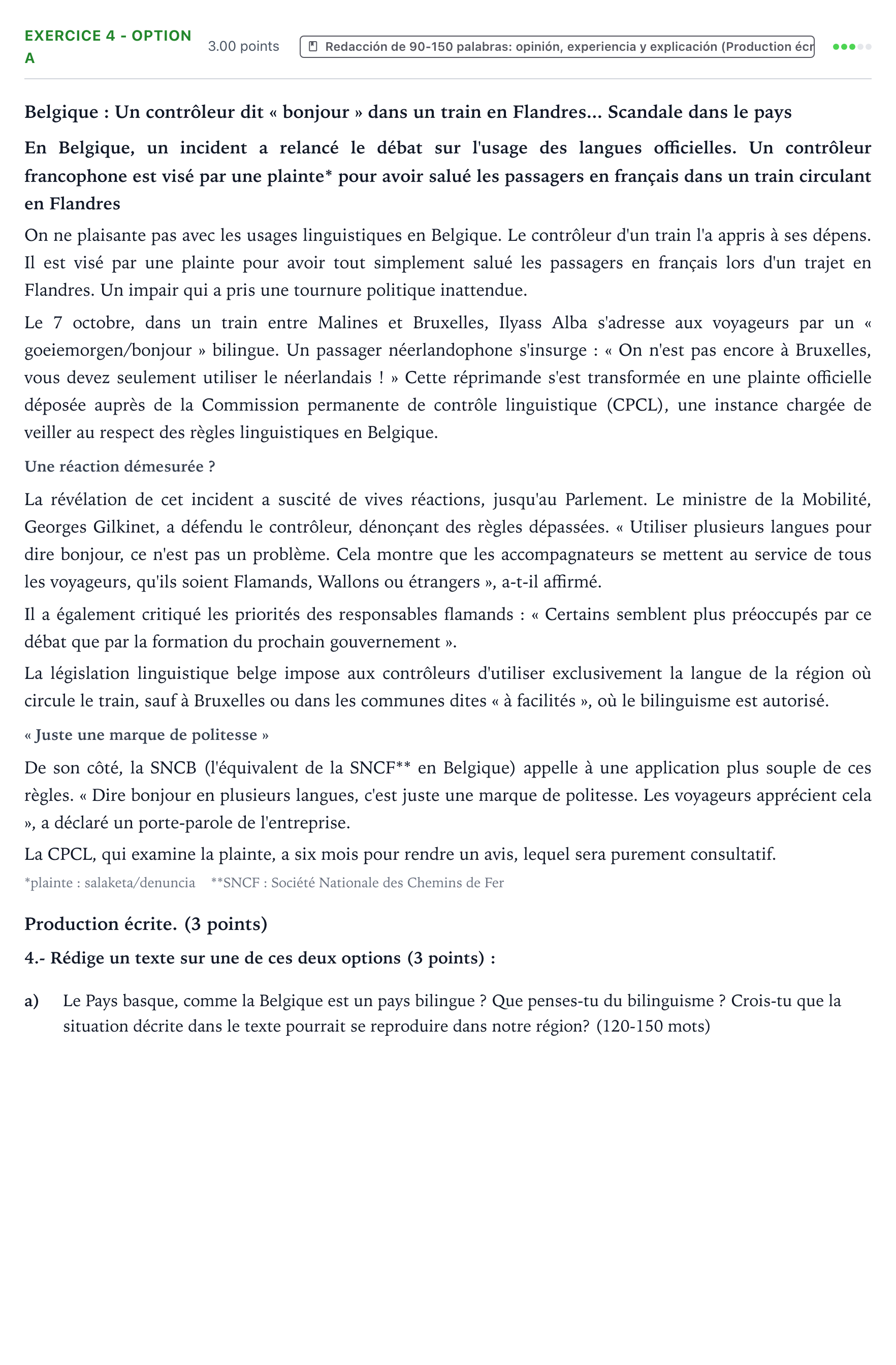 Enunciado: Ejercicio 4 - Option a · Francés PAU País Vasco Extraordinaria 2025