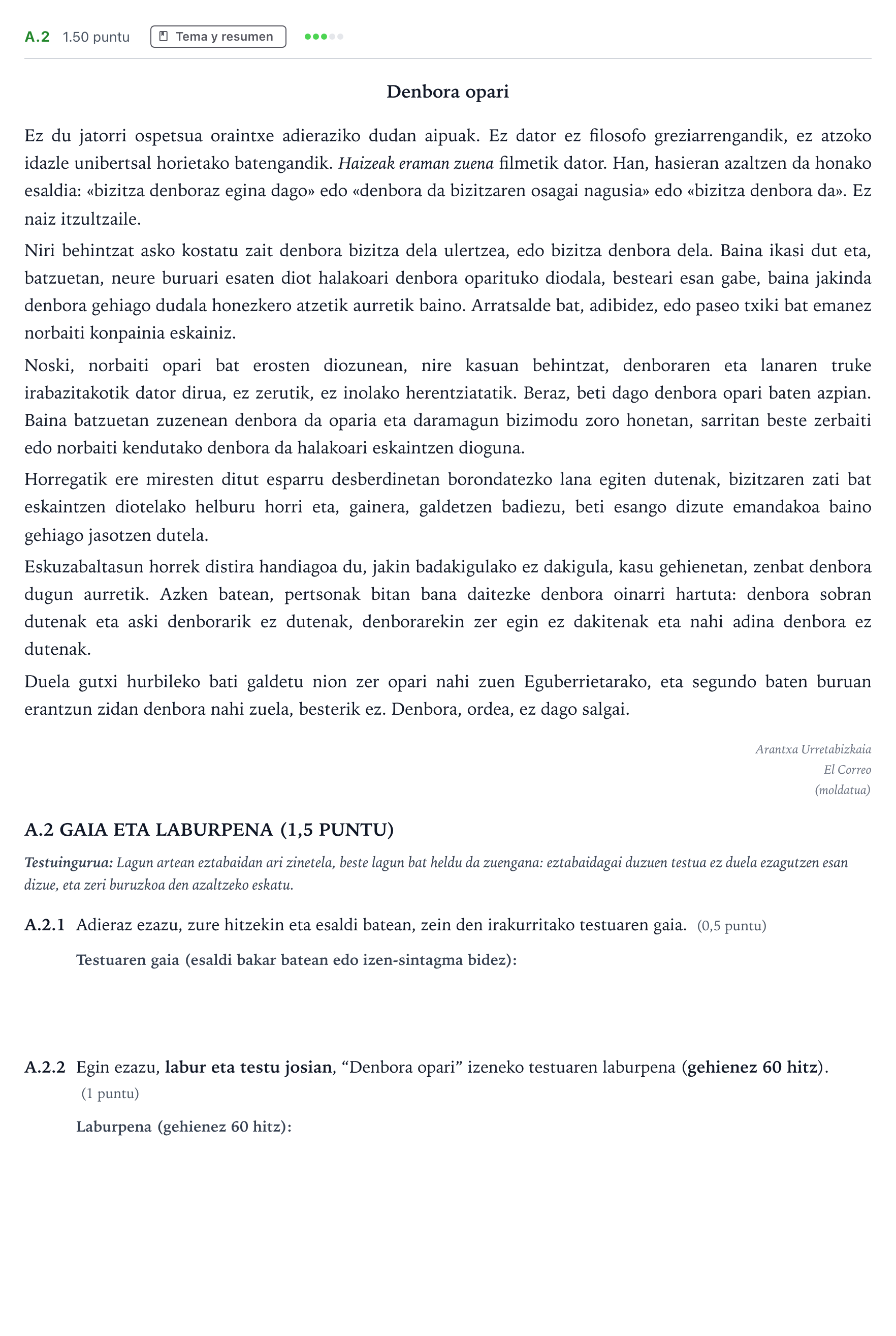 Enunciado: Ejercicio A.2 · Lengua Vasca y Literatura II PAU País Vasco Extraordinaria 2025