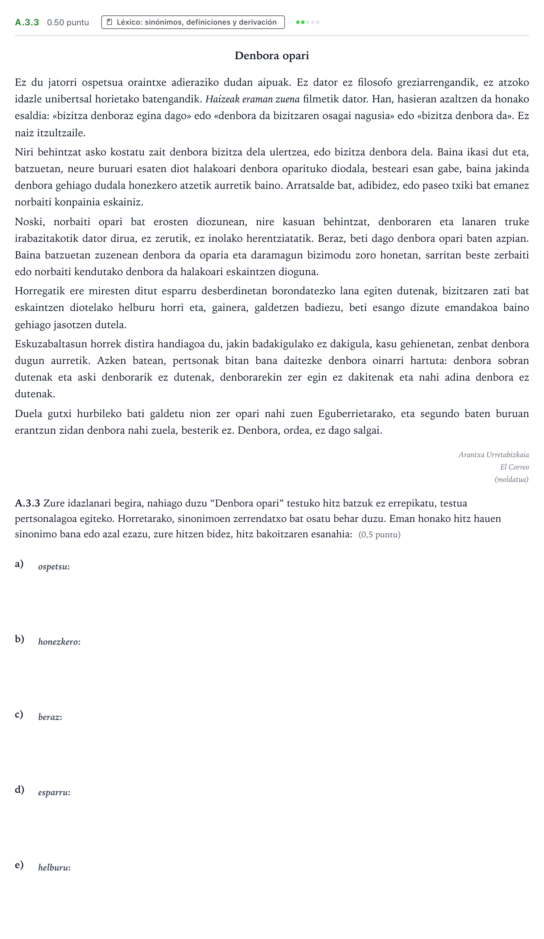 Enunciado: Ejercicio A.3.3 · Lengua Vasca y Literatura II PAU País Vasco Extraordinaria 2025