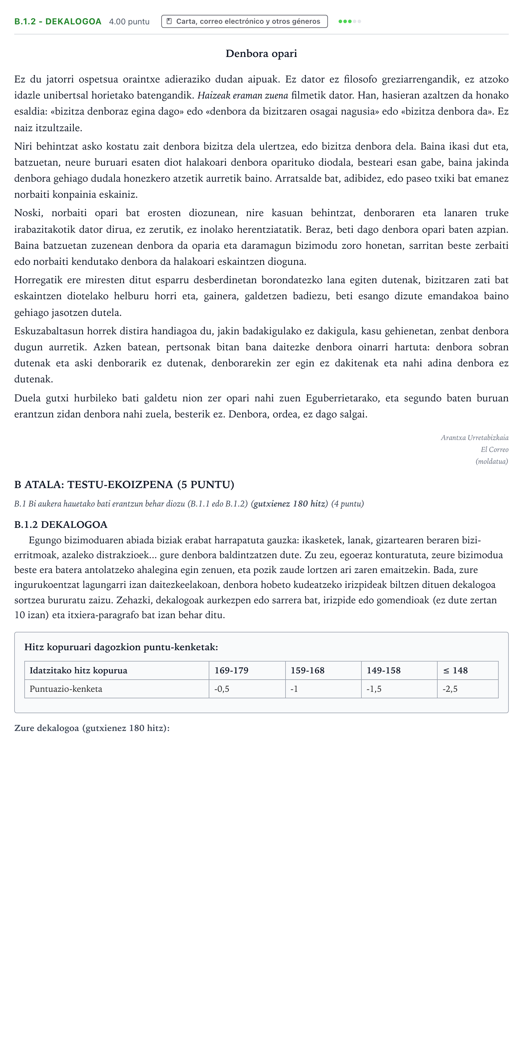 Enunciado: Ejercicio B.1.2 - Dekalogoa · Lengua Vasca y Literatura II PAU País Vasco Extraordinaria 2025