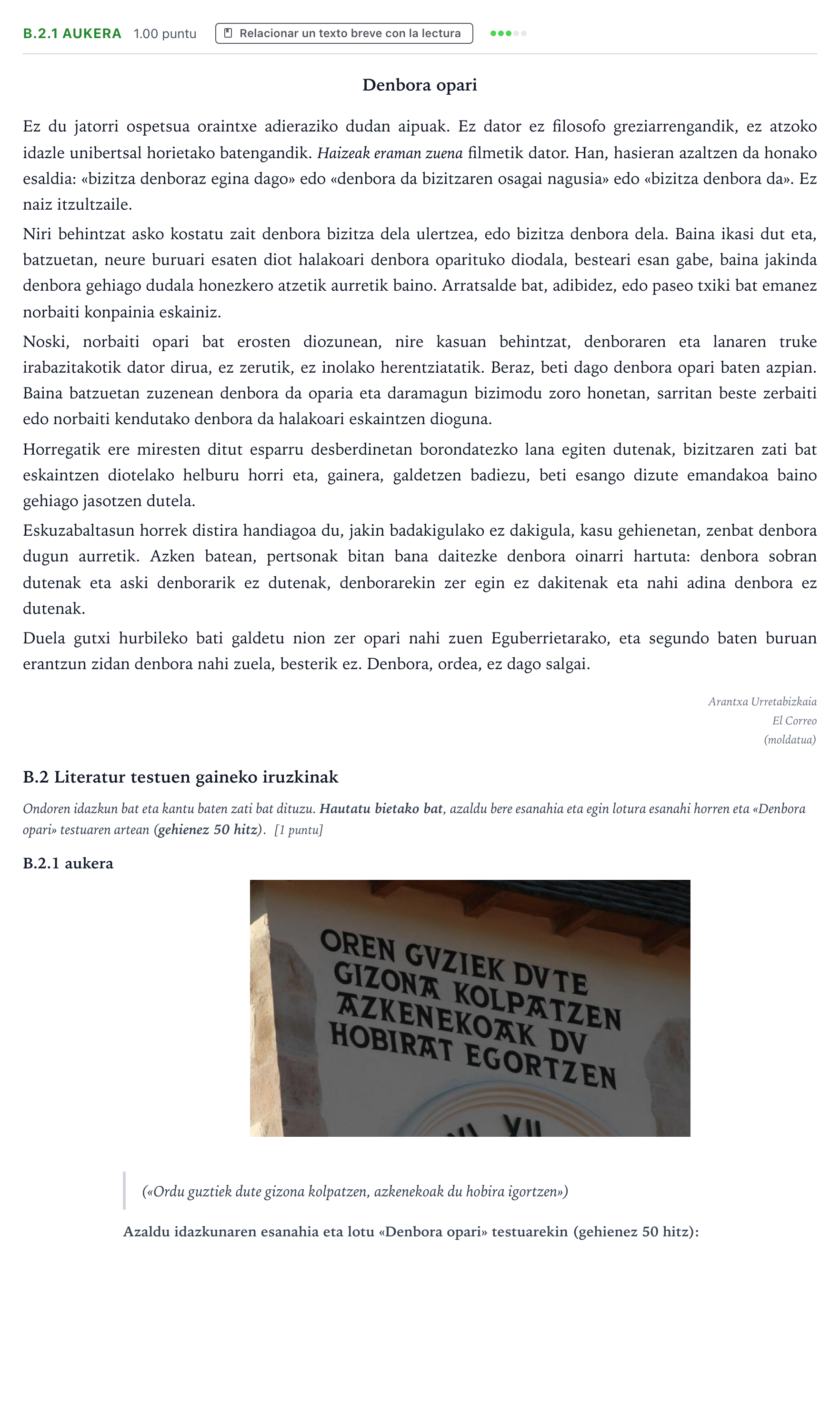 Enunciado: Ejercicio B.2.1 aukera · Lengua Vasca y Literatura II PAU País Vasco Extraordinaria 2025