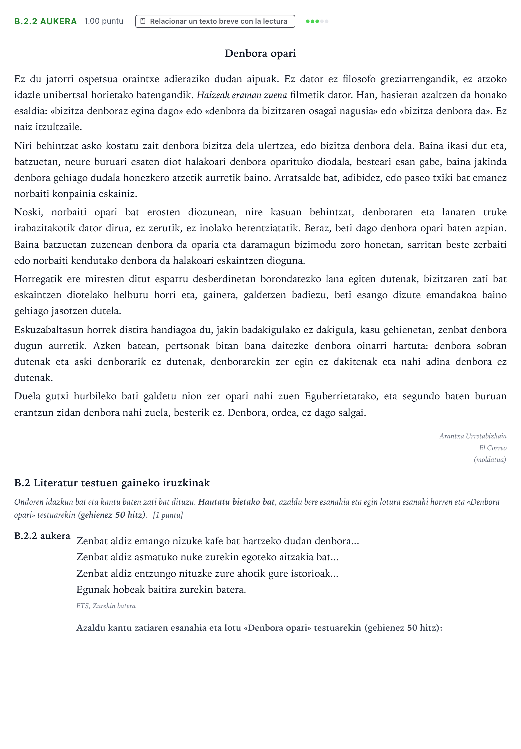Enunciado: Ejercicio B.2.2 aukera · Lengua Vasca y Literatura II PAU País Vasco Extraordinaria 2025