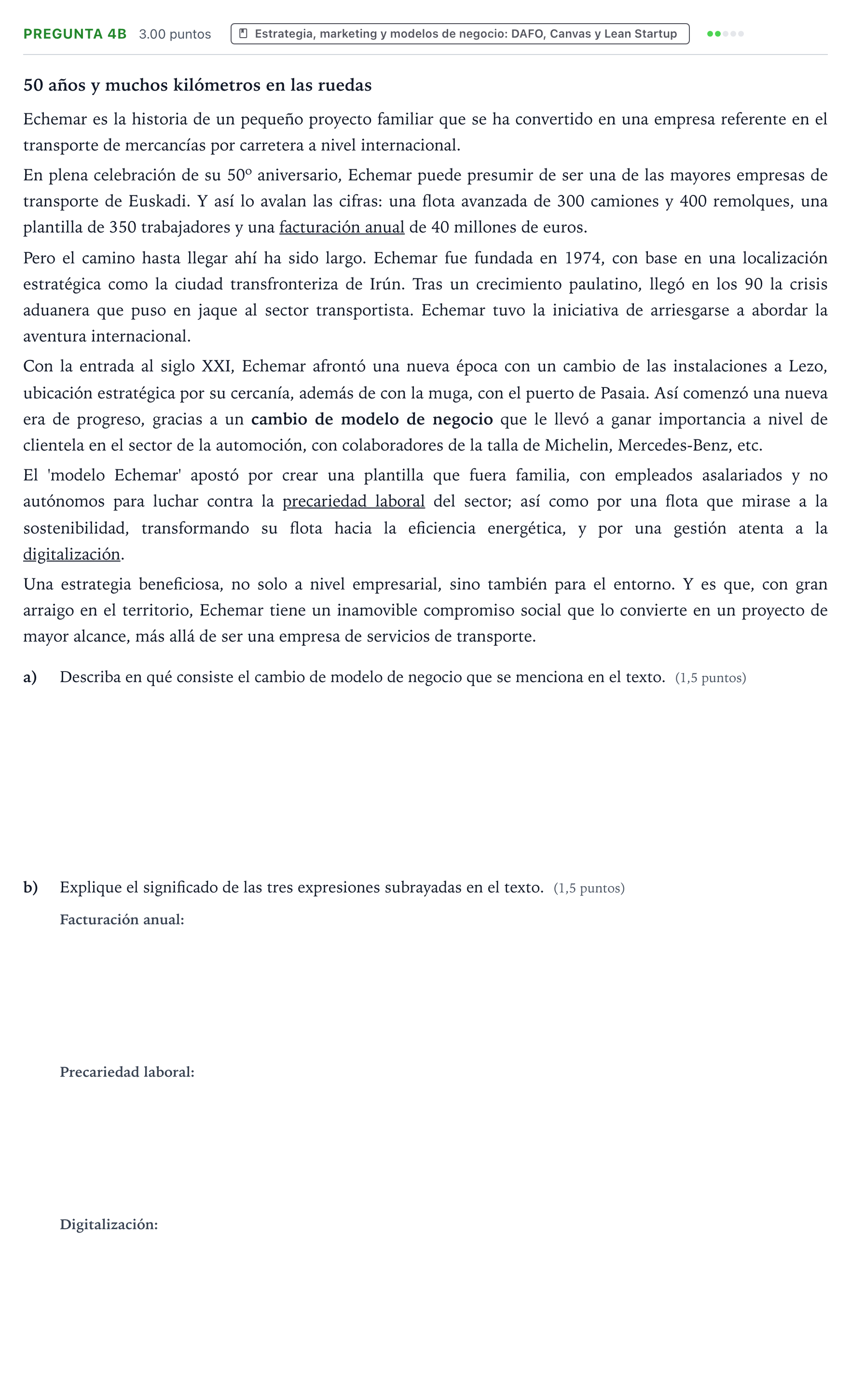 Enunciado: Pregunta 4B · Empresa y Diseño de Modelos de Negocio PAU País Vasco Extraordinaria 2025