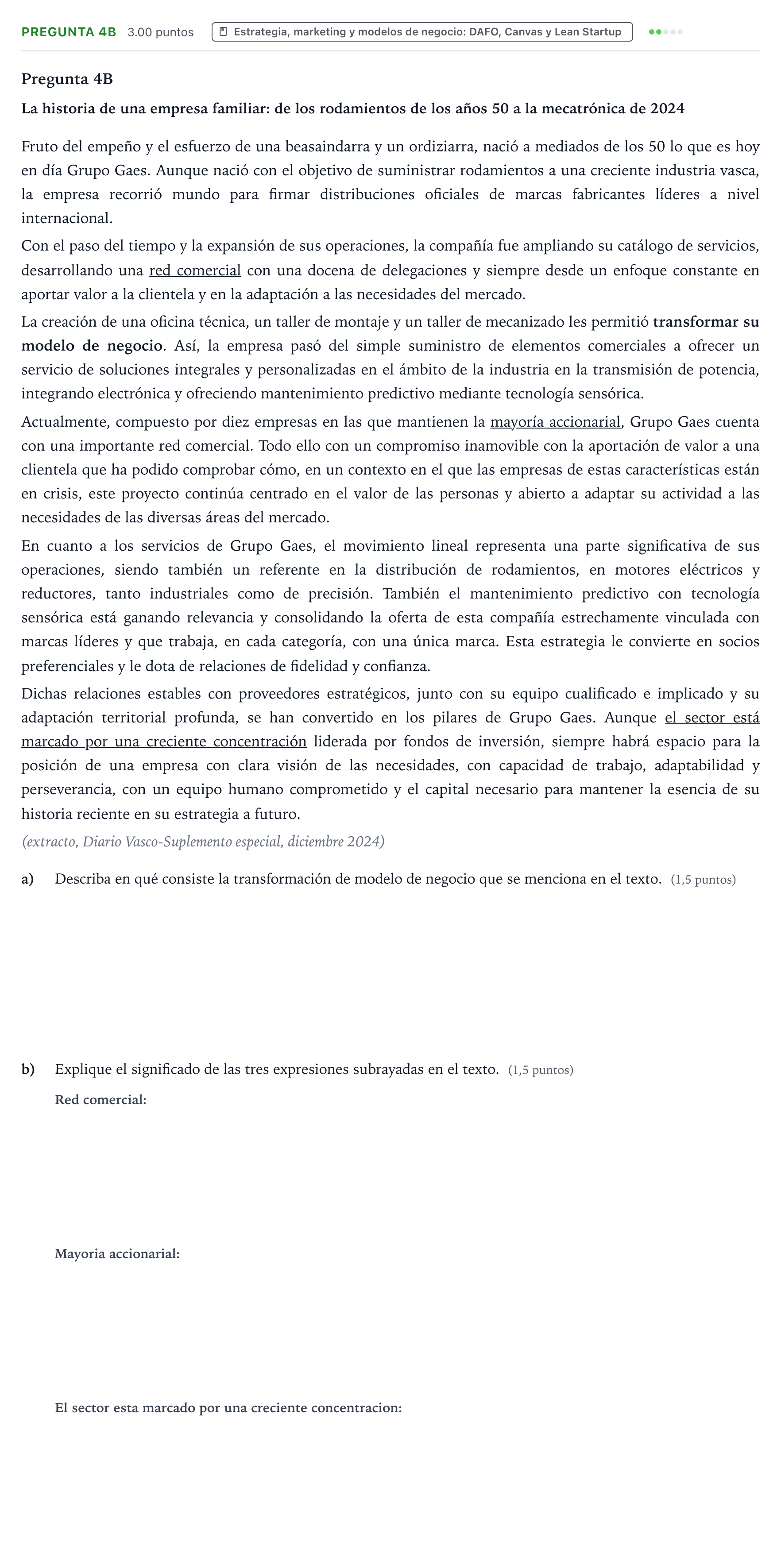 Enunciado: Pregunta 4B · Empresa y Diseño de Modelos de Negocio PAU País Vasco Ordinaria 2025