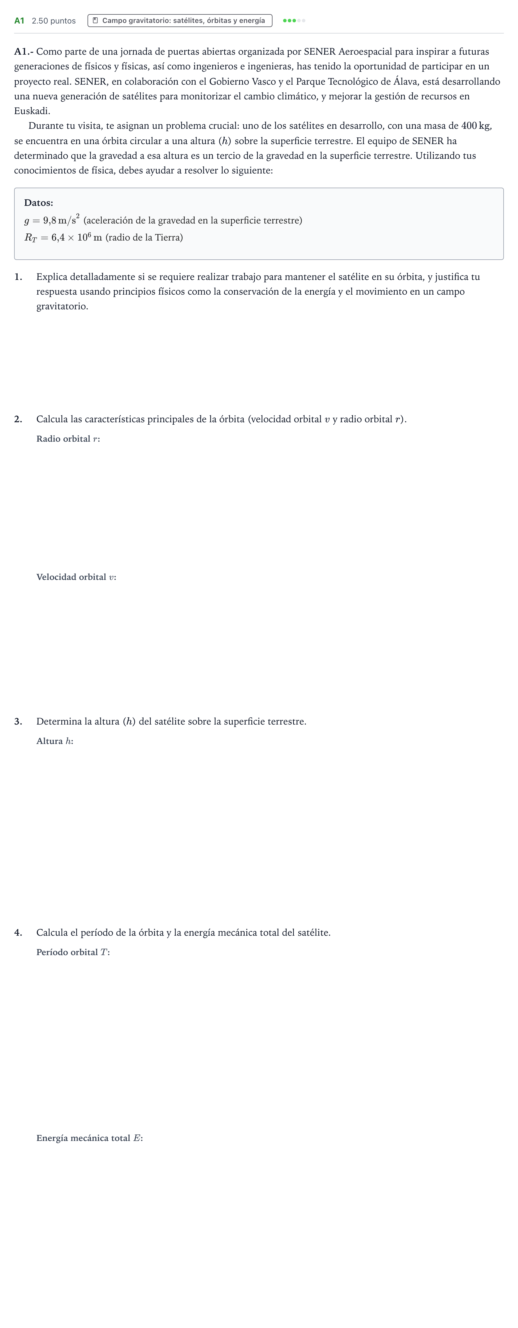 Enunciado: Ejercicio A1 · Física PAU País Vasco Extraordinaria 2025