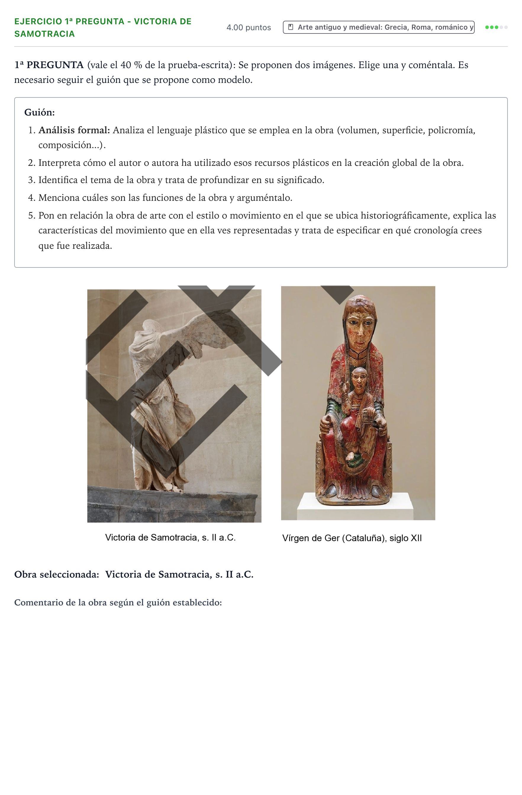 Enunciado: Ejercicio 1ª Pregunta - Victoria de Samotracia · Fundamentos Artísticos PAU País Vasco Ordinaria 2025