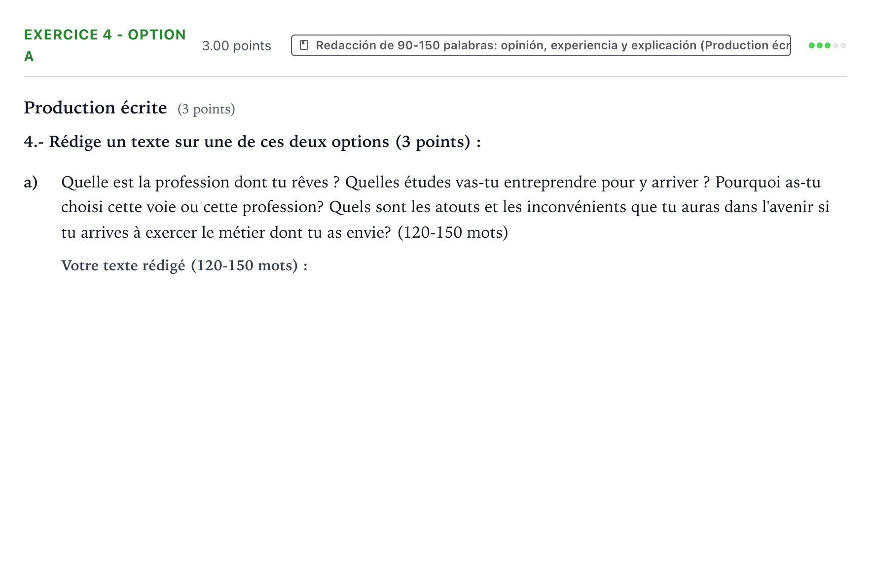 Enunciado: Ejercicio 4 - Option a · Francés PAU País Vasco Ordinaria 2025
