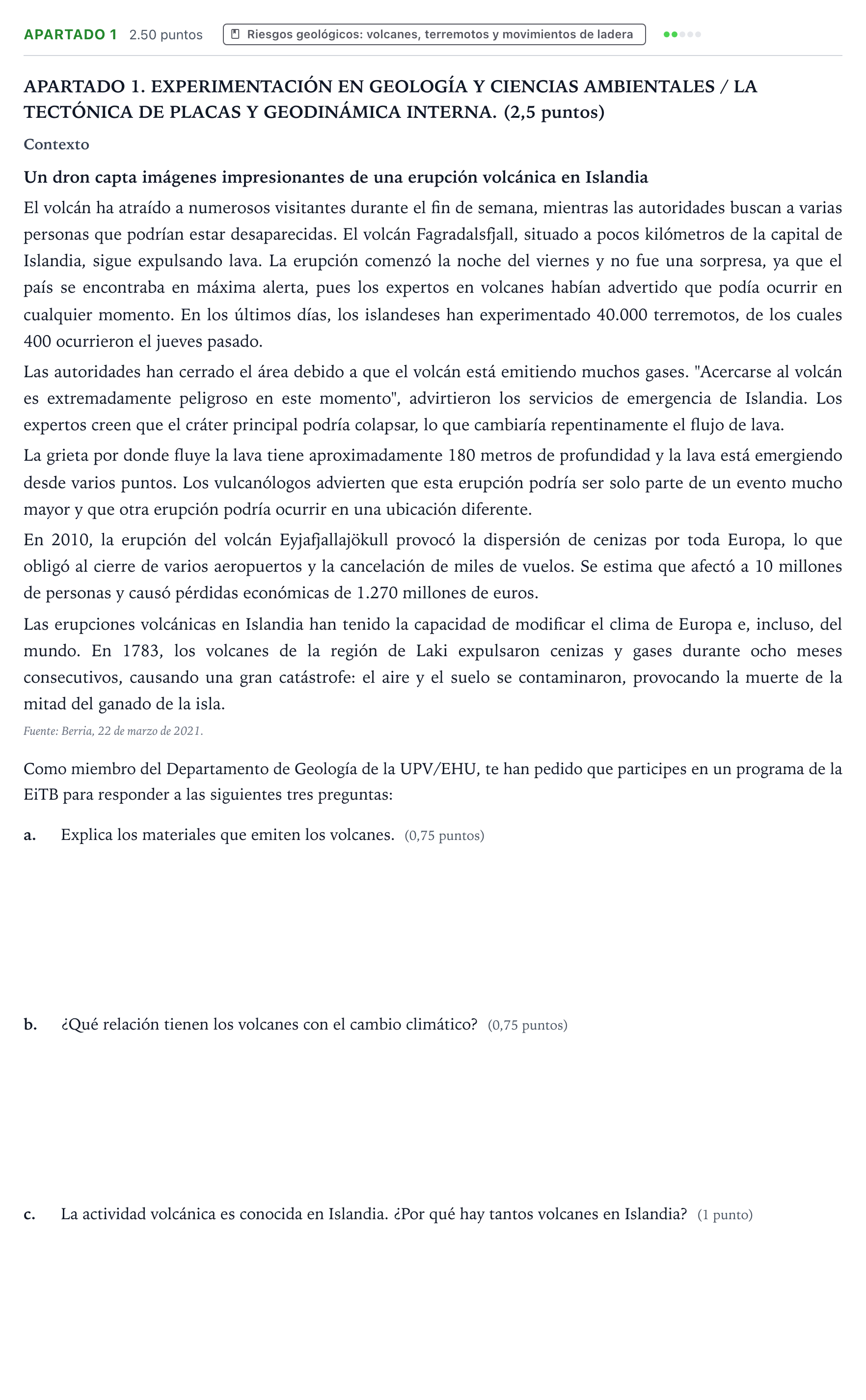 Enunciado: Apartado 1 · Geología y Ciencias Ambientales PAU País Vasco Ordinaria 2025