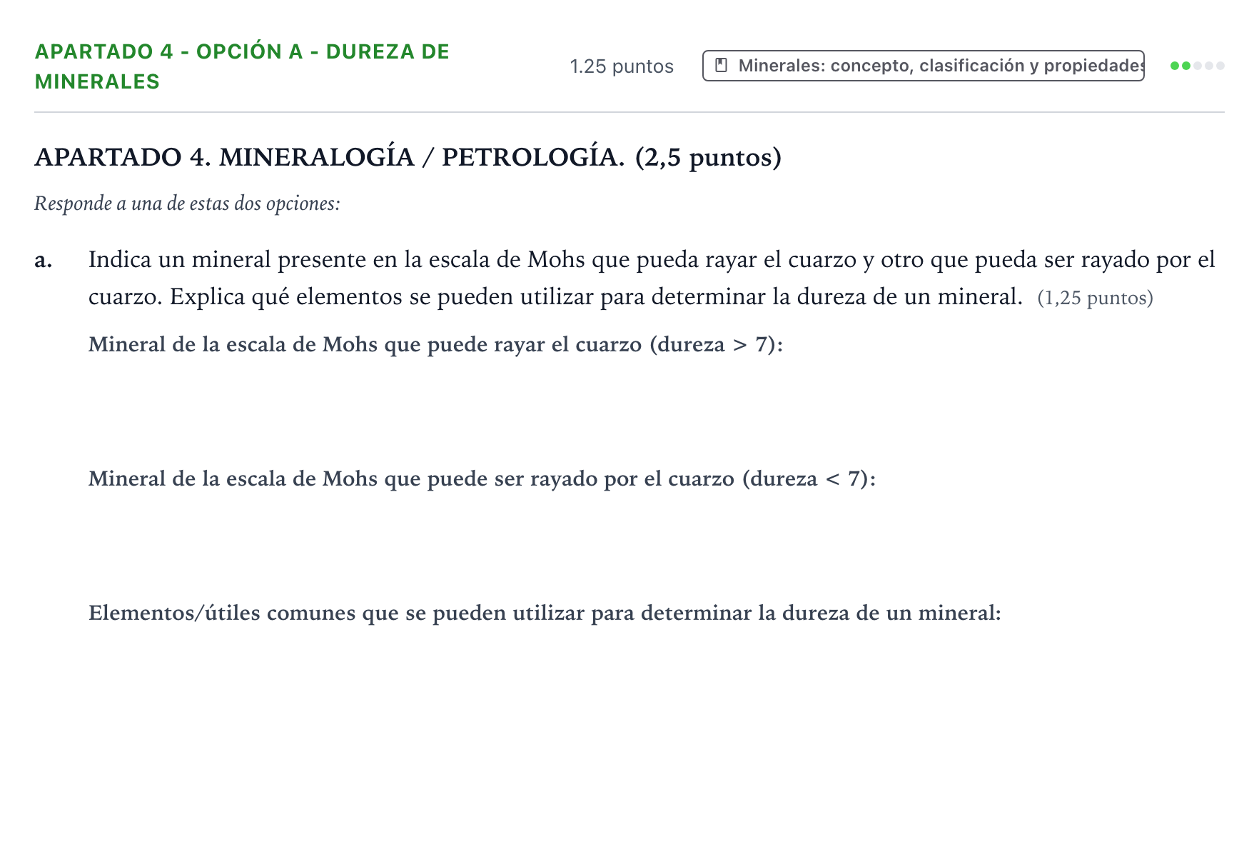 Enunciado: Apartado 4 - Opción A - Dureza de minerales · Geología y Ciencias Ambientales PAU País Vasco Ordinaria 2025
