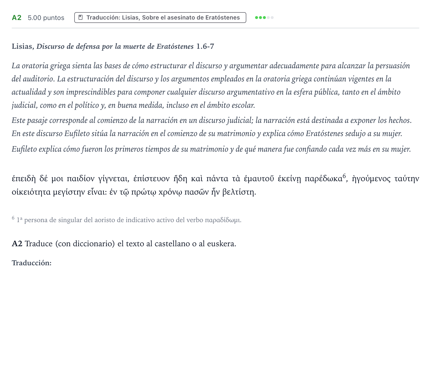 Enunciado: Ejercicio A2 - Traducción · Griego II PAU País Vasco Ordinaria 2025